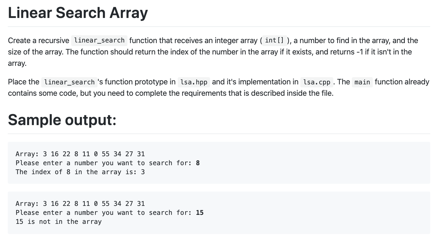 Solved Linear Search Array Create a recursive linear_search | Chegg.com