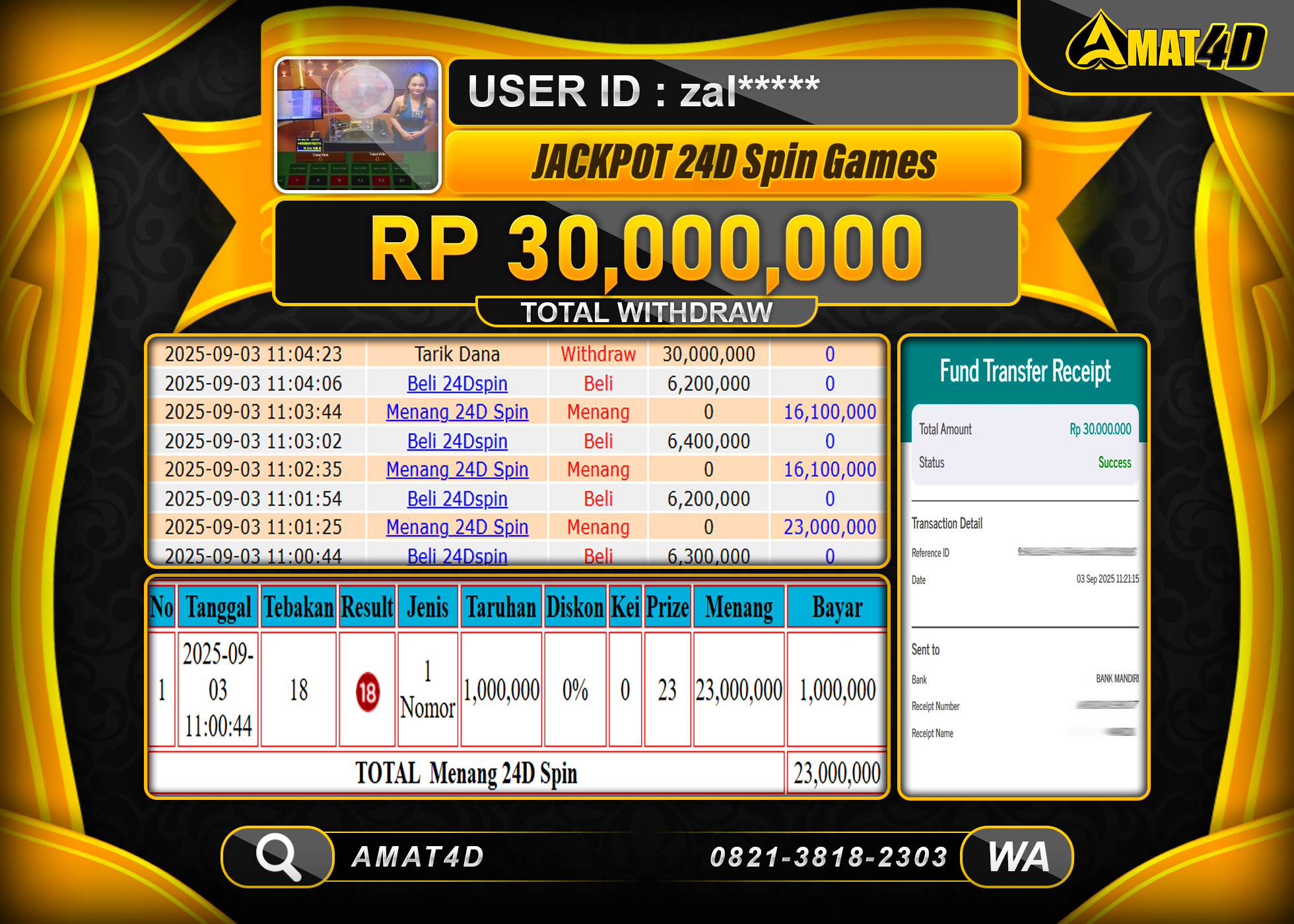 AMAT4D KEMENANGAN LIVE CASINO 24D SPIN GAMES  Rp.30.000.000 BERHASIL TERBAYAR LUNAS
