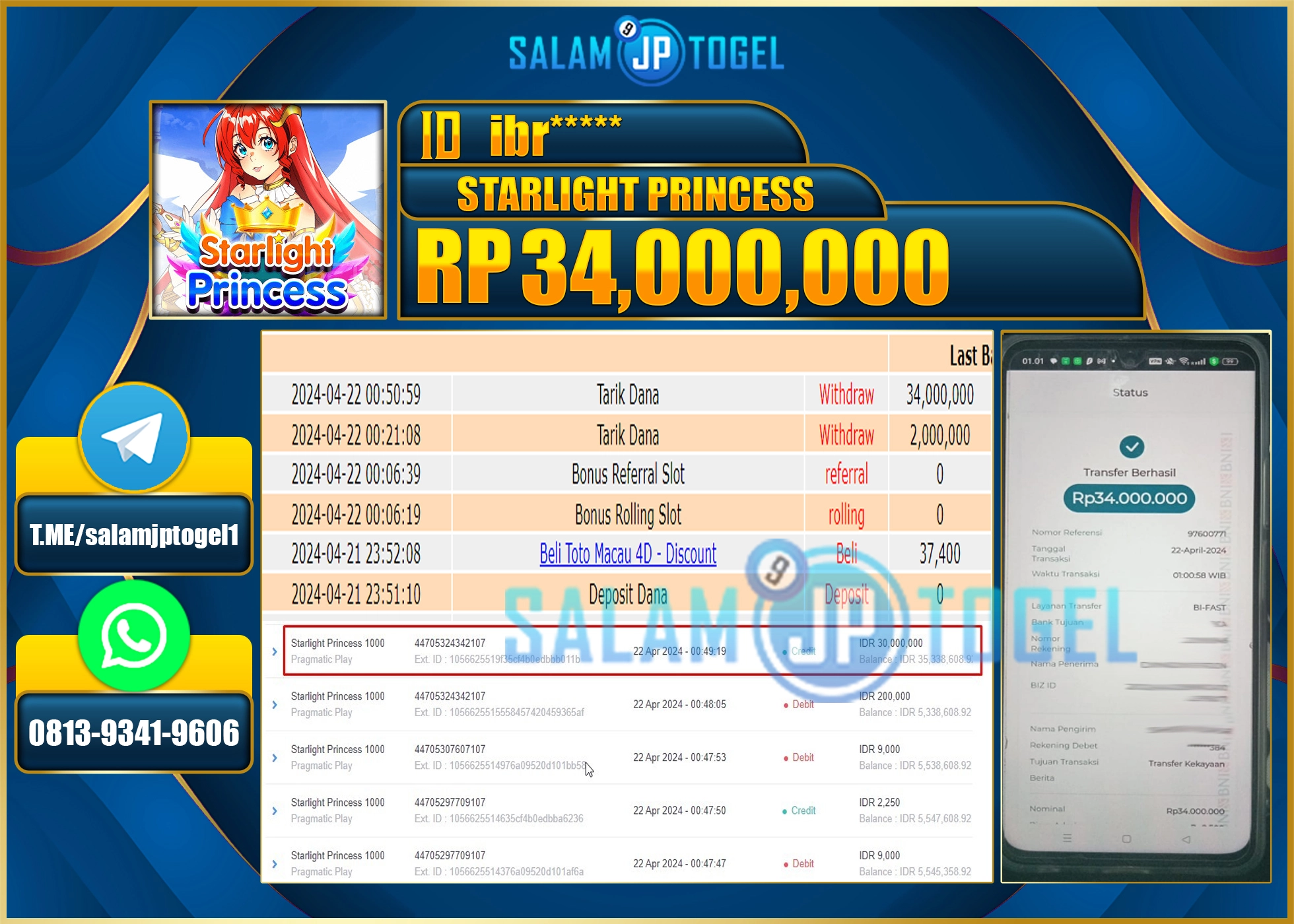 SALAMJPTOGEL JACKPOT SLOT STARLIGHT PRINCESS RP.34.000.000.,- LUNAS