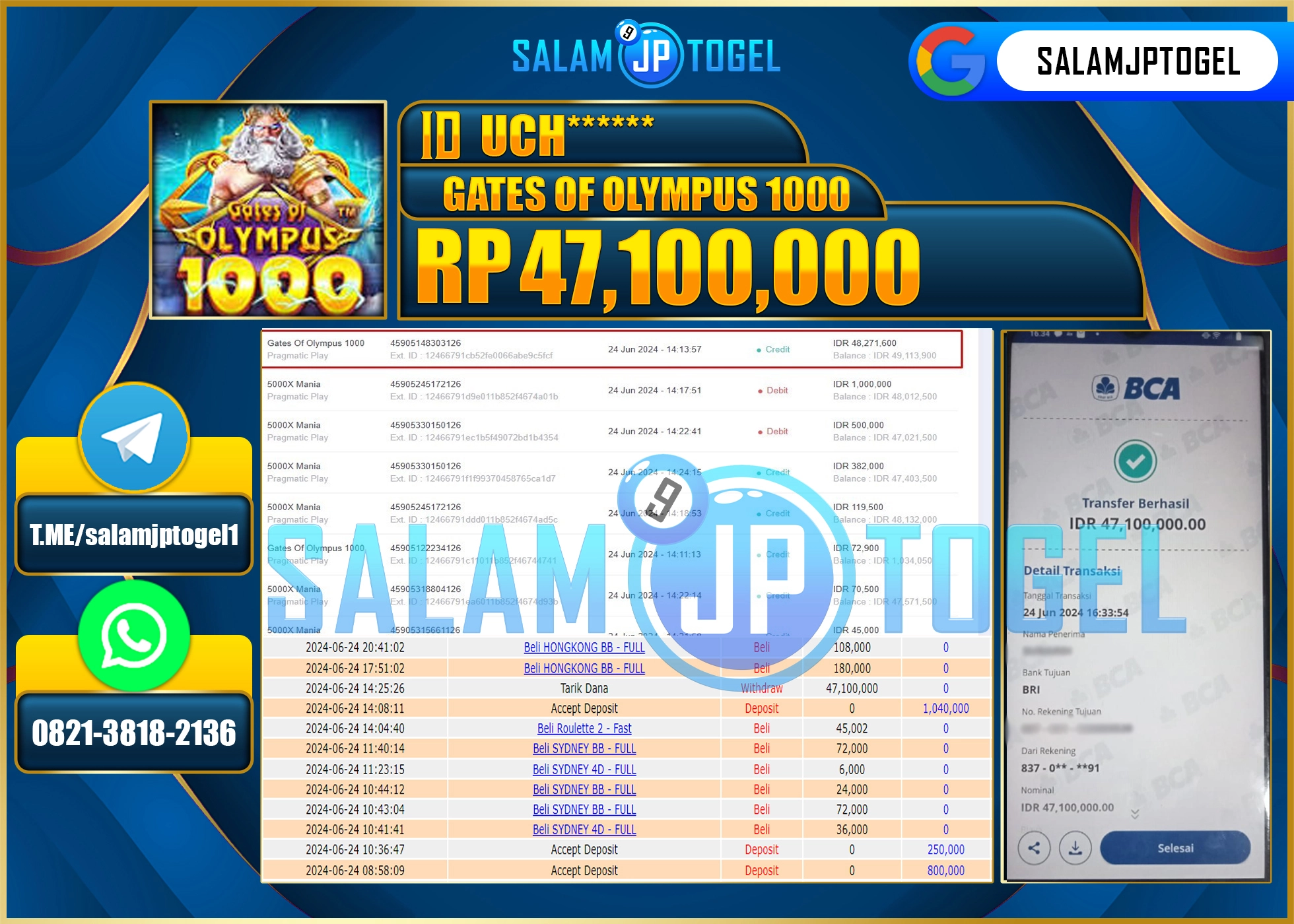 SALAMJPTOGEL MENANG GATES OF OLYMPUS 1000 RP. 47,100,000.,LUNAS