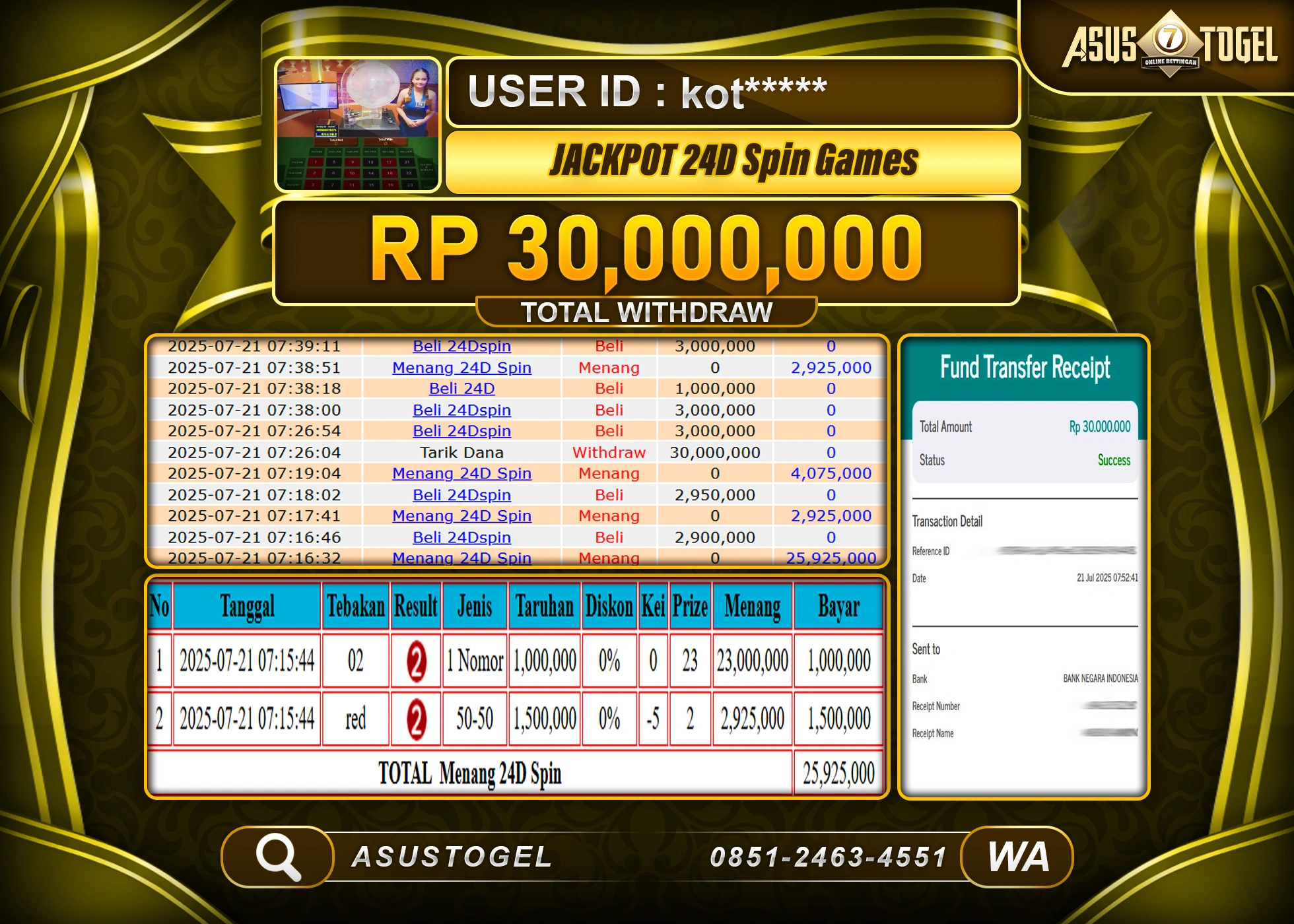 ASUSTOGEL KEMENANGAN DI LIVEGAME 24D SPIN GAMES SEBESAR 30,000,000- RUPIAH LUNAS