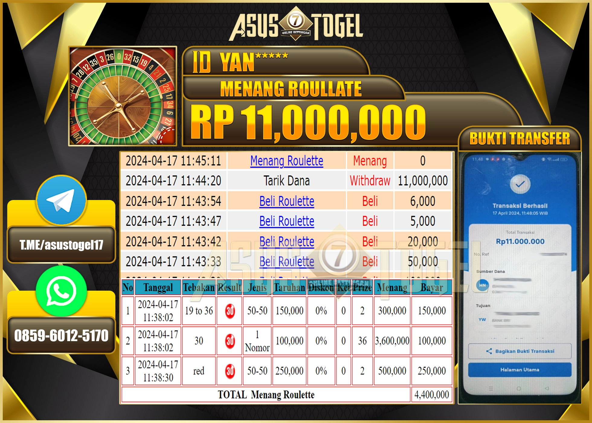 ASUSTOGEL KEMENANGAN BESAR GAME ROULLATE  11.000.000 BERHASIL TERBAYAR LUNAS