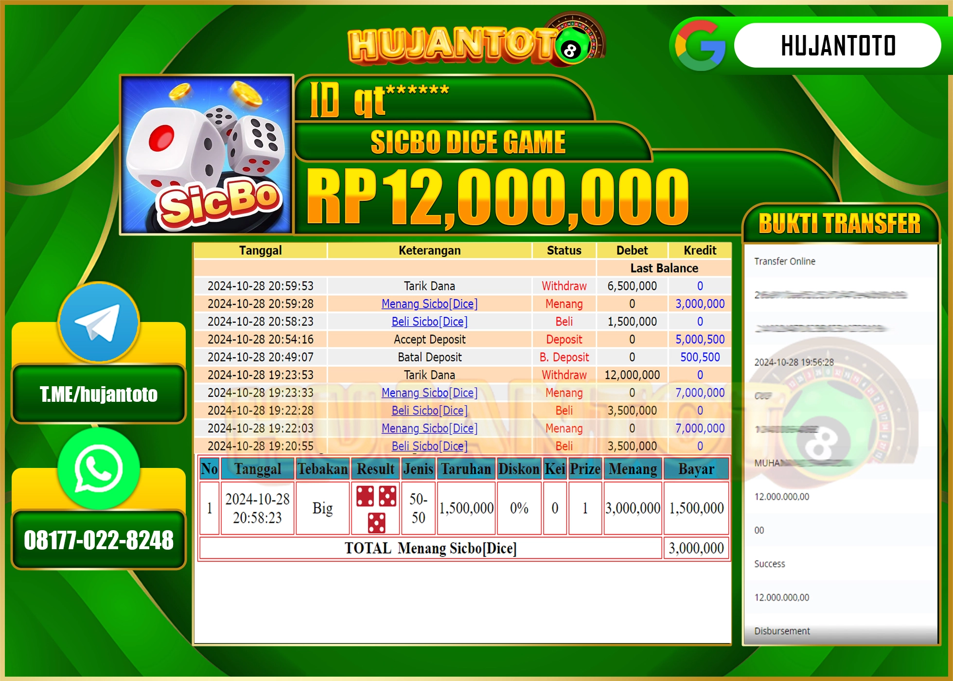 HUJANTOTO MENANG DI PERMAINAN LIVEGAMES  SICBO DICE GAME - 12,000,000 - LUNAS
