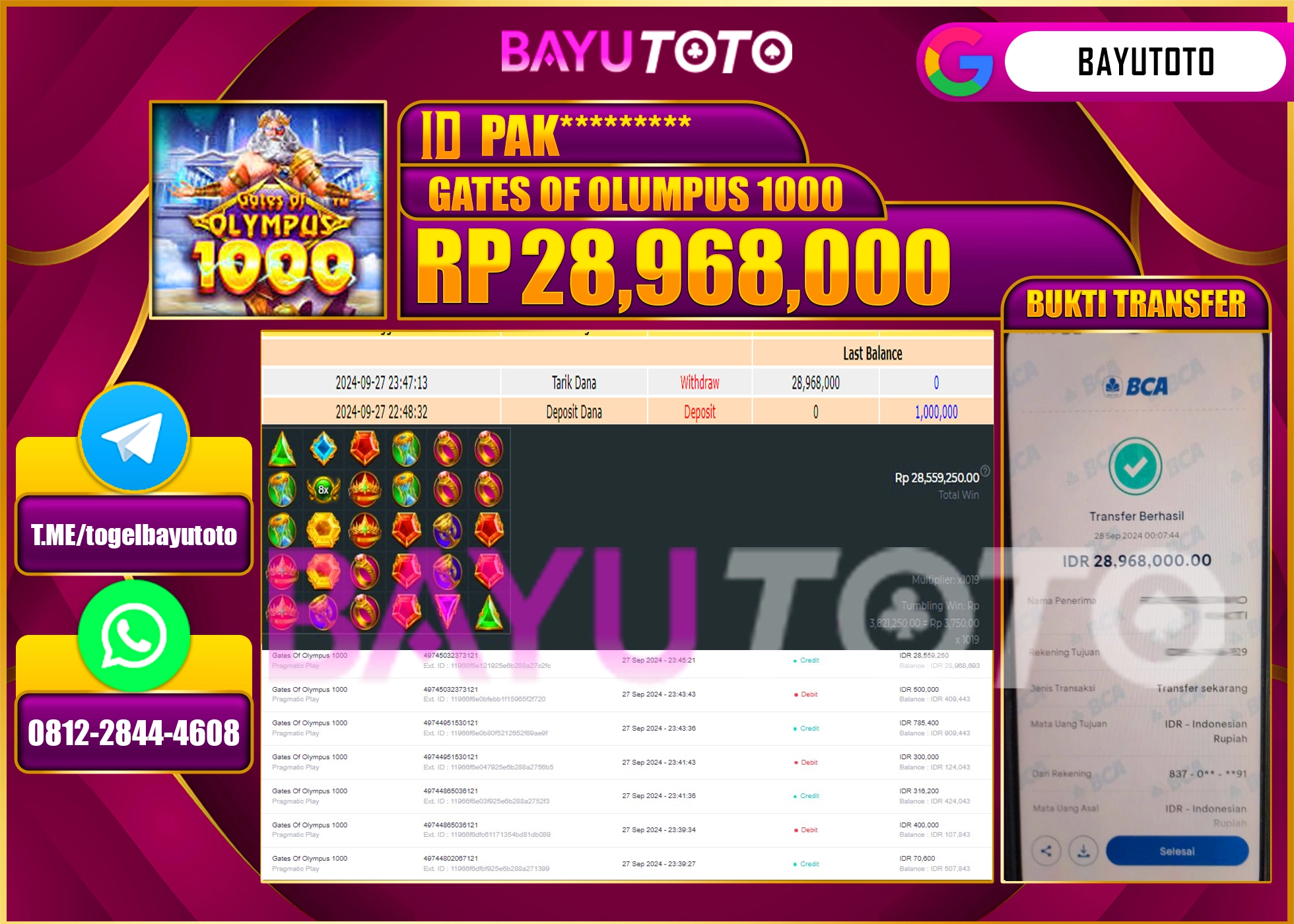 BAYUTOTO MENANG SLOT GATES OF OLYMPUS 1000 28.968.000 - LUNAS