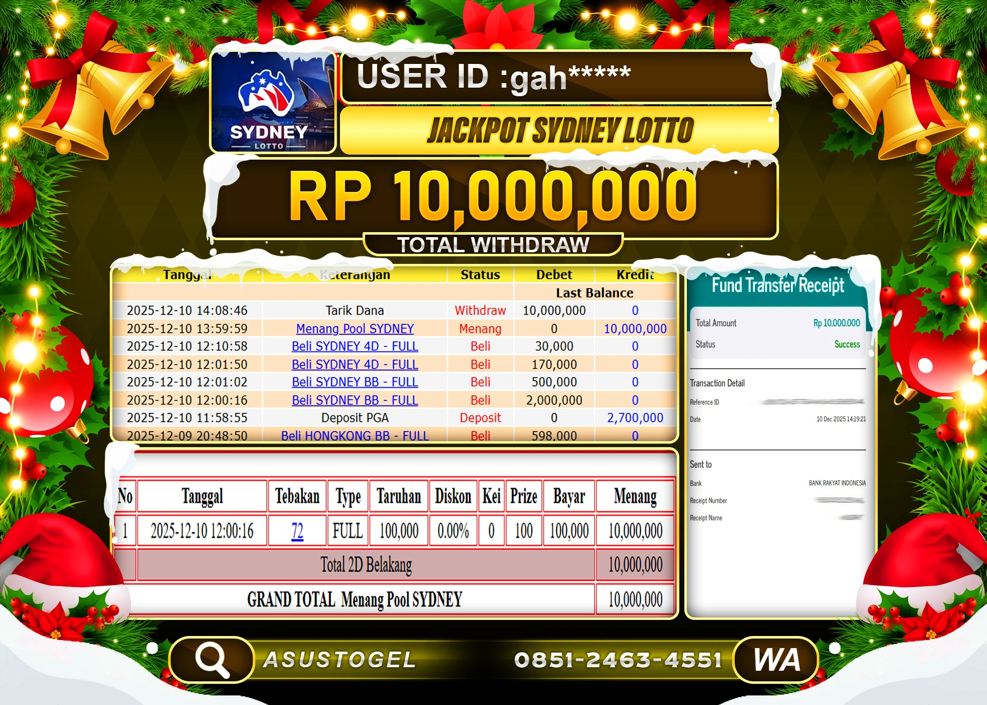 ASUSTOGEL KEMENANGAN DI TOGEL SYDNEY LOTTO  SEBESAR 10,000,000 - RUPIAH LUNAS