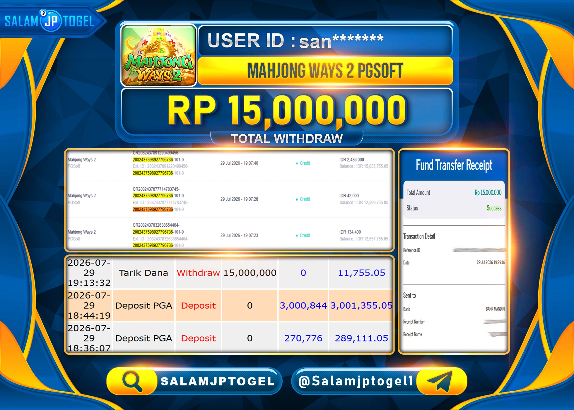 SALAMJPTOGEL JACKPOT MENANG SLOT MAHJONG WAYS 2 Rp.15,000,000 - LUNAS