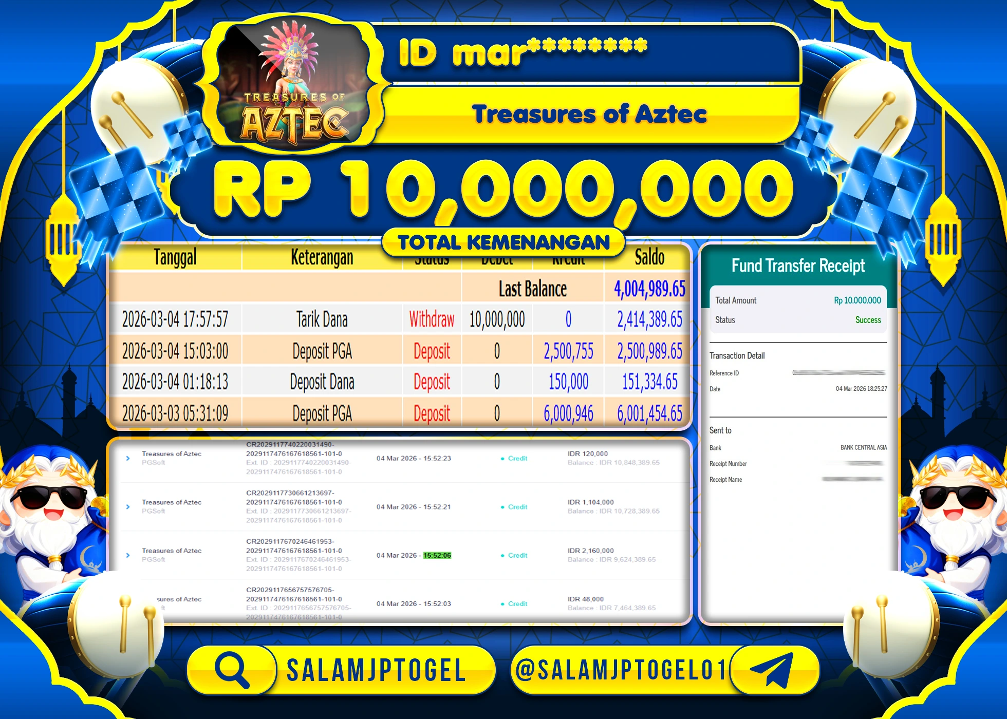 SALAMJPTOGEL JACKPOT SLOT Treasures of Aztec Rp.10.000.000 - LUNAS
