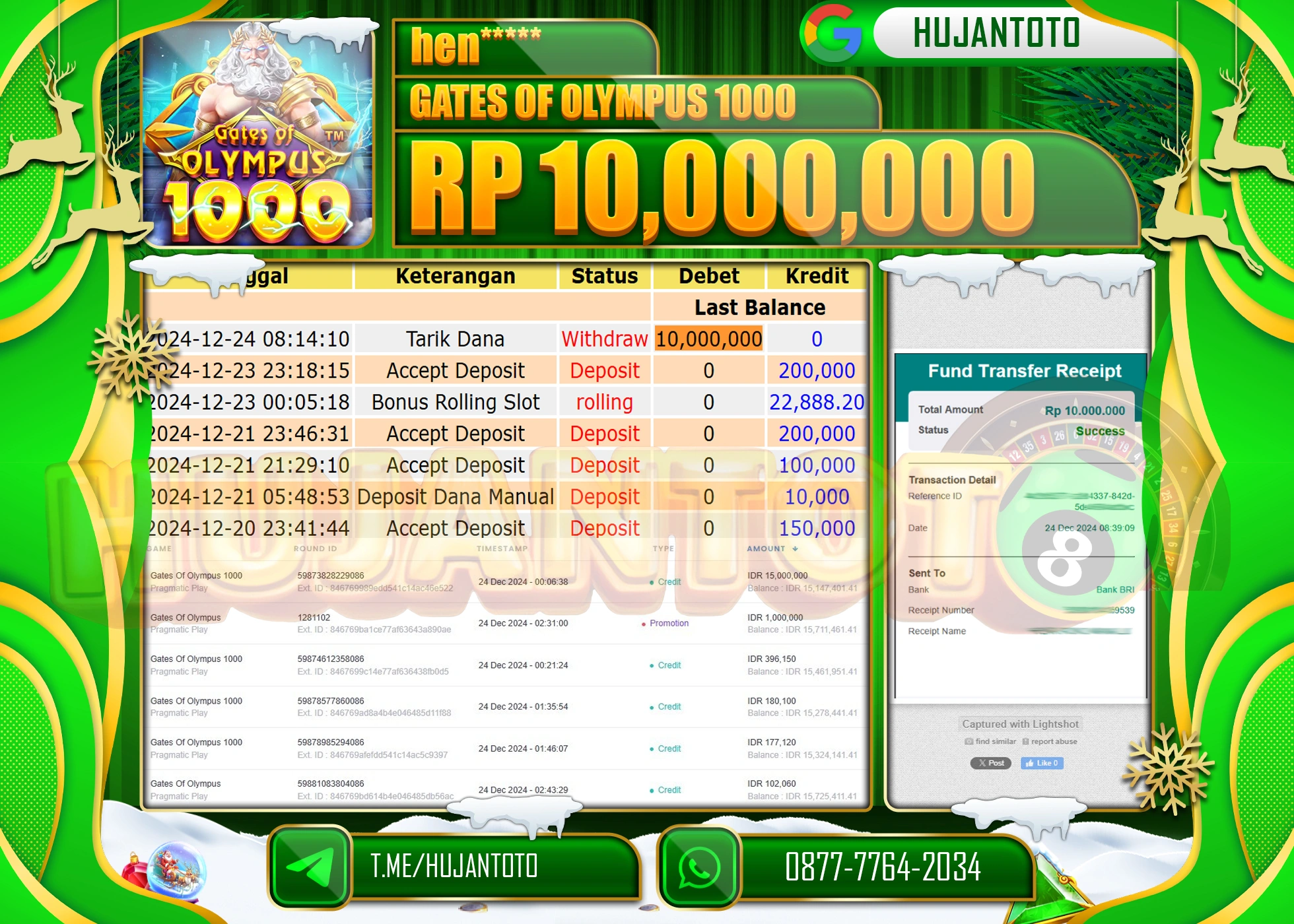 HUJANTOTO SELAMAT ATAS KEMENANGAN YANG DI RAIH DI PERMAINAN SLOT GATES OF OLYMPUS 1000 SEBESAR 10,00,000 - TERBAYAR LUNAS