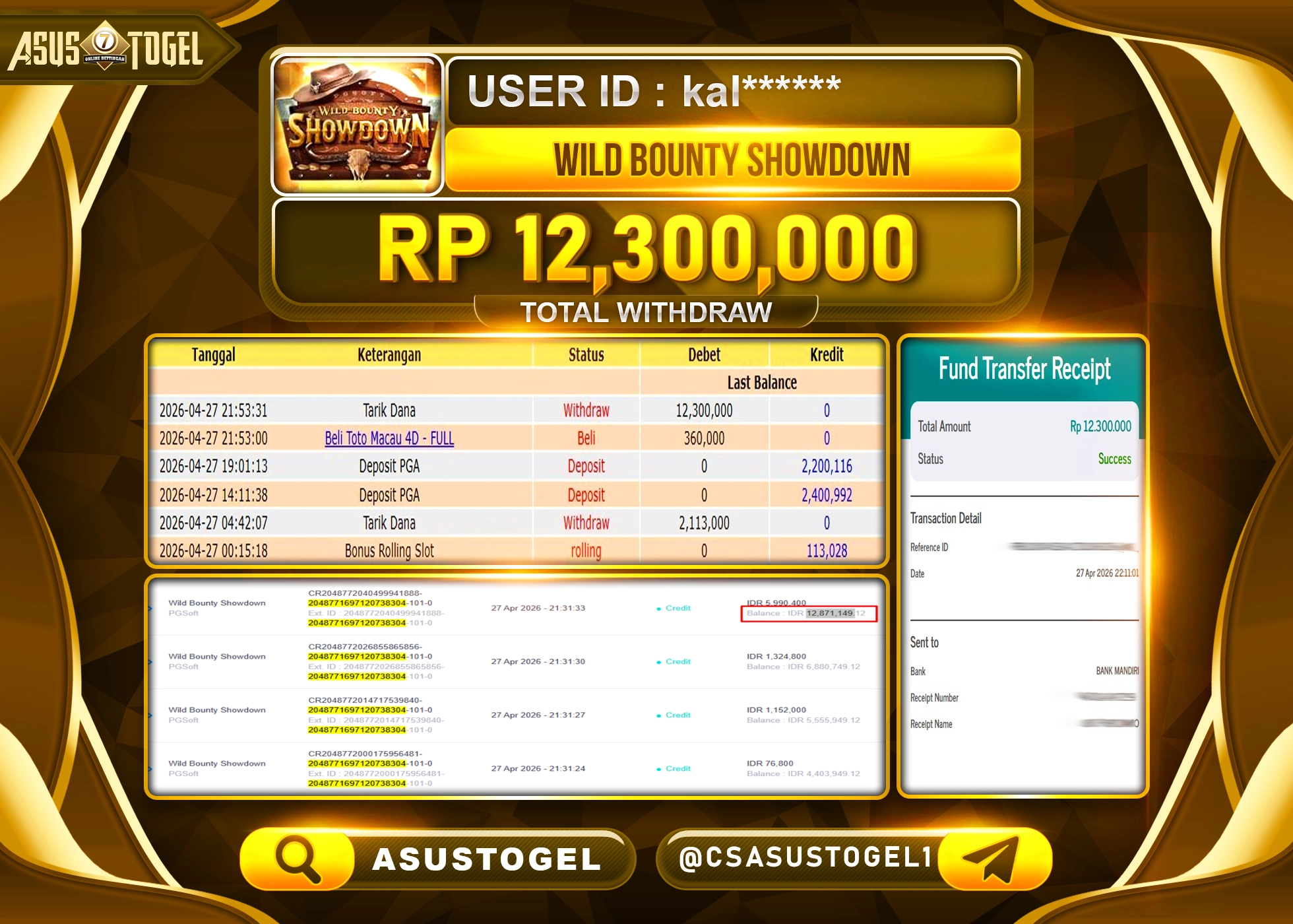 ASUSTOGEL KEMENANGAN JACKPOT DI PERMAINAN WILD BOUNTY SHOWDOWN SEBESAR Rp.12,300,000 - RUPIAH LUNAS