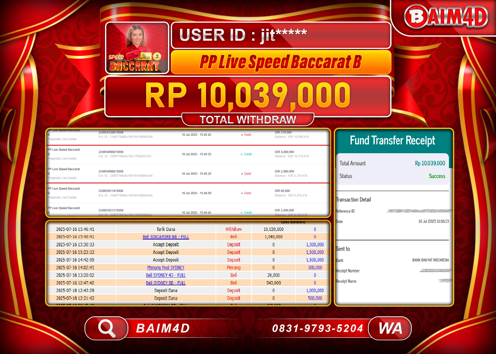 BAIM4D JACKPOT  PP Live Speed Baccarat B -  Rp.10,039,000.- LUNAS