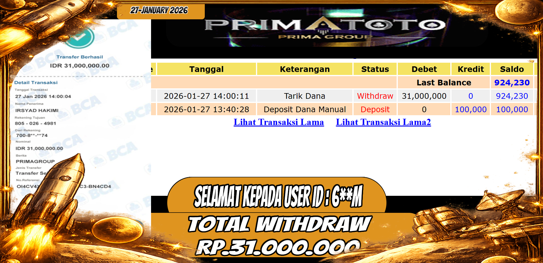 PRIMATOTO-JACKPOT SLOT GAME MAHJONG WAYS 3 WIN HINGGA 31 JUTA, 27 JANUARI 2026
