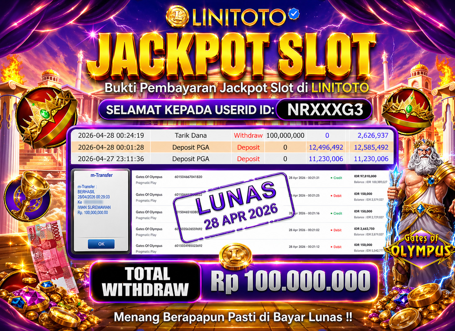 LINITOTO JACKPOT SLOT Gates Of Olympus Rp.100,000,000 - LUNAS