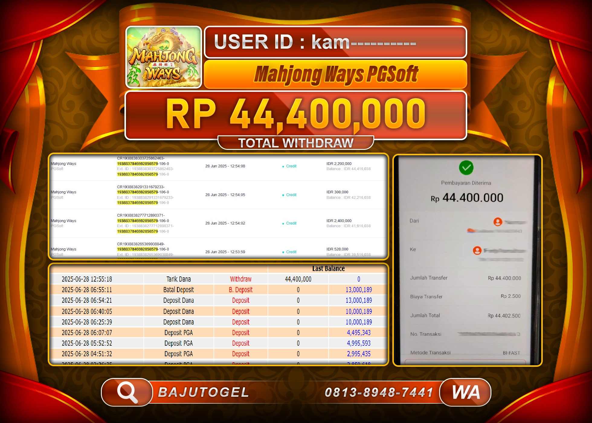 BAJUTOGEL KEMENANGAN  PGSOFT MAHJONG WAYS Rp.44.400.000 LUNAS