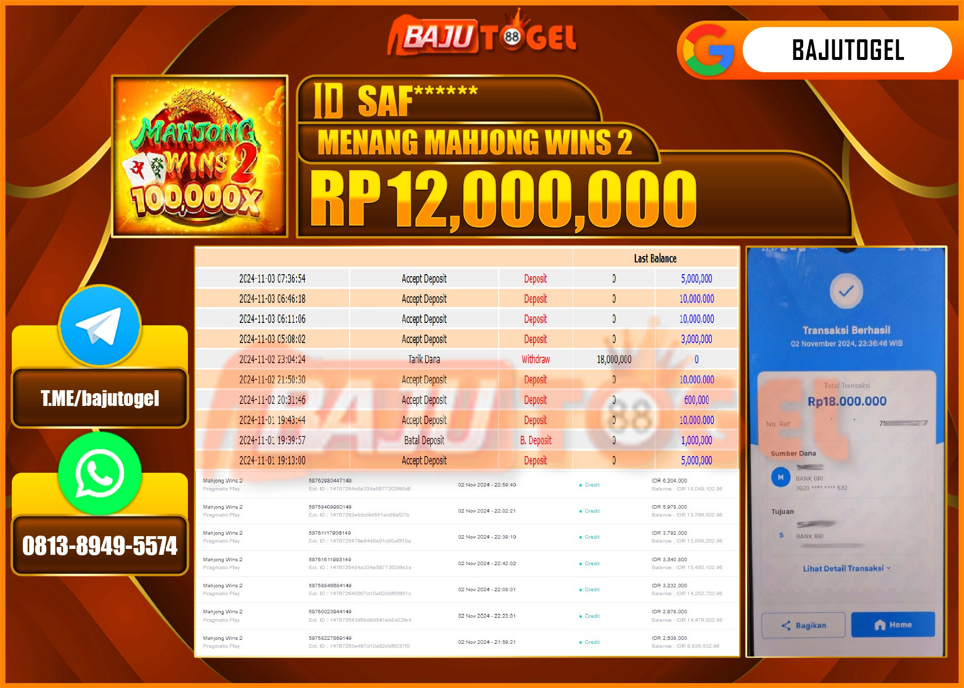 BAJUTOGEL JACKPOT MAHJONG WINS 2 Rp 12,000,000 LUNAS