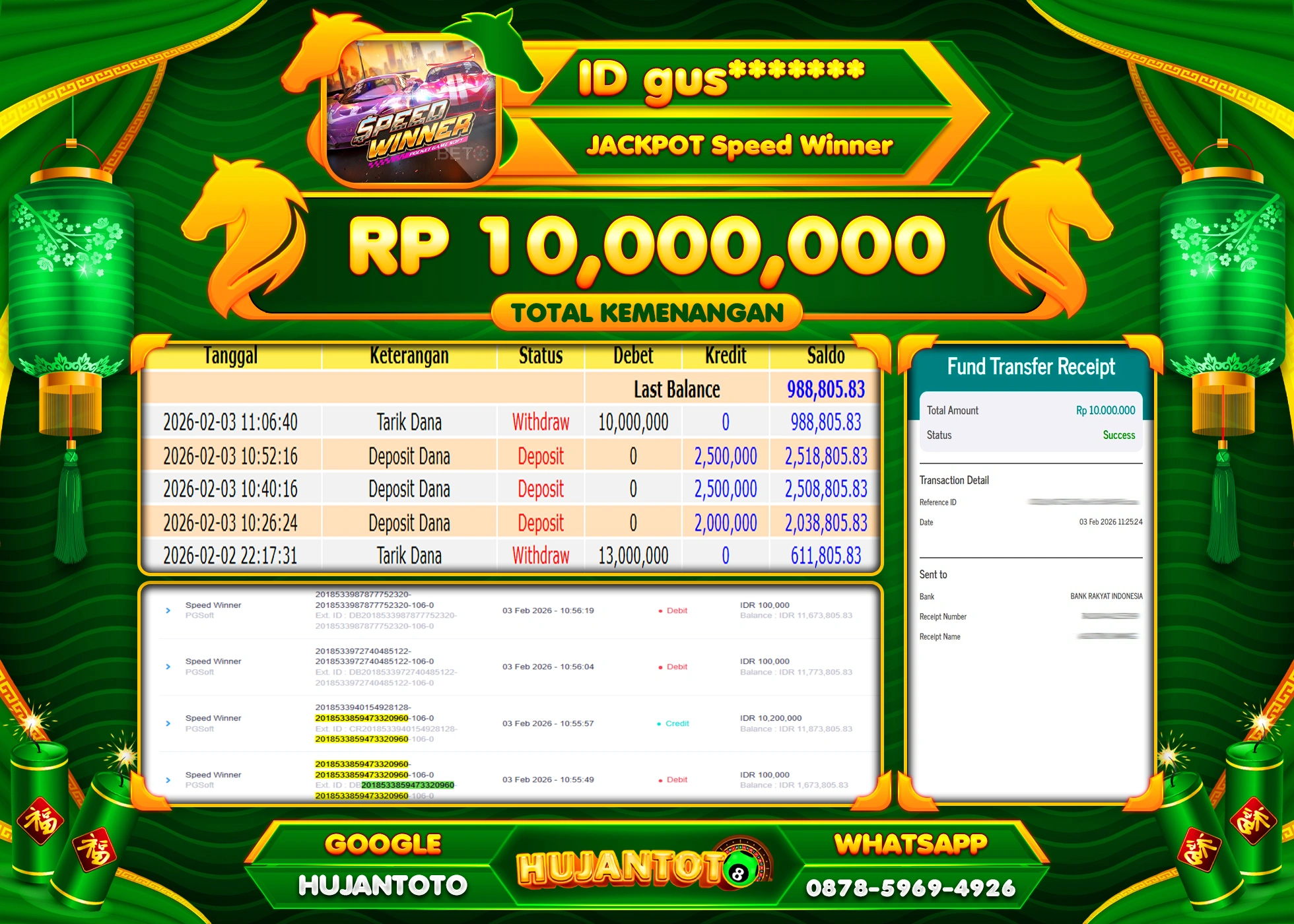 HUJANTOTO - BUKTI JACKPOT MENANG SLOT SPEED WINNER - PGSOFT Rp.10,000,000 - TERBAYAR LUNAS
