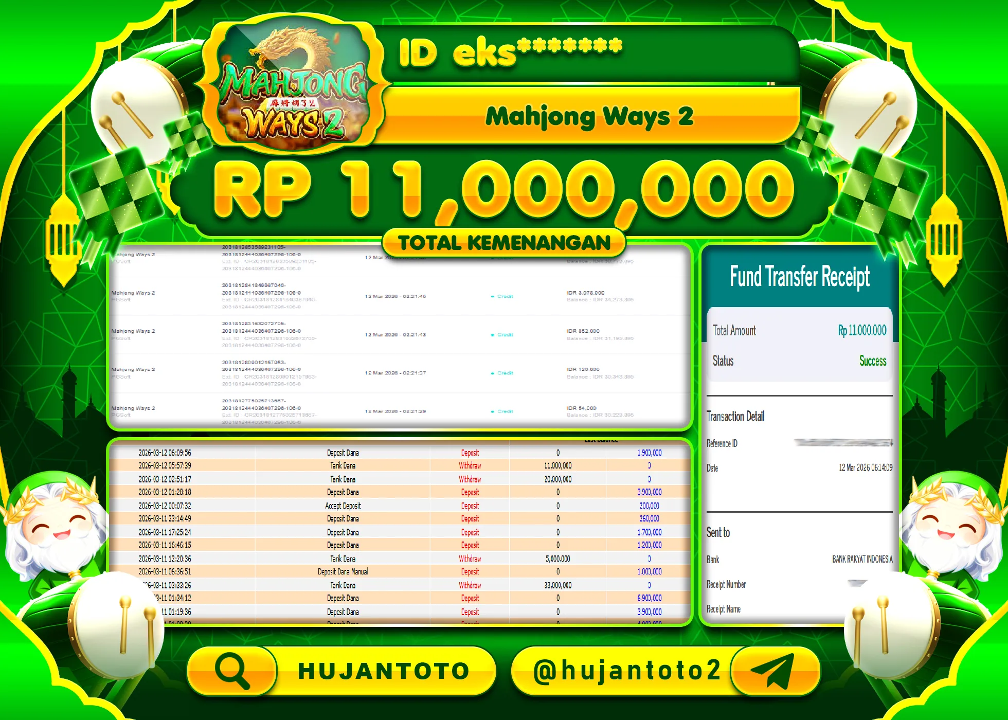 HUJANTOTO - BUKTI JACKPOT MENANG SLOT MAHJONG WAYS 2 Rp.11,000,000 - TERBAYAR LUNAS
