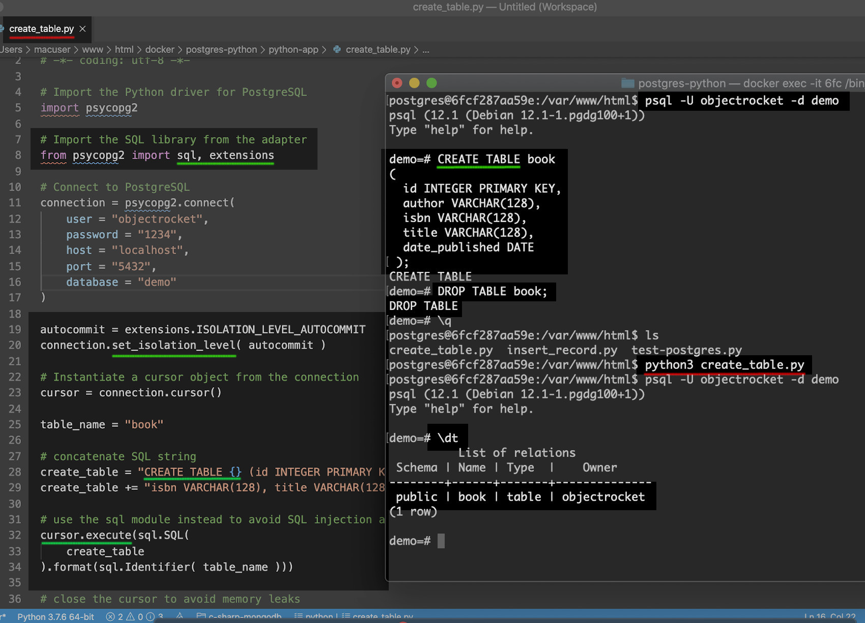 Screenshot of PostgreSQL CRUD example in Python creating a Postgres table using Psycopg2 adapter