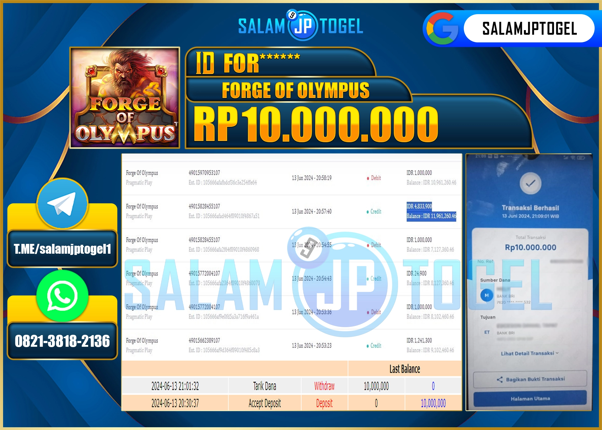 SALAMJPTOGEL MENANG FORGE OF OLYMPUS RP. 10,000,000.,LUNAS