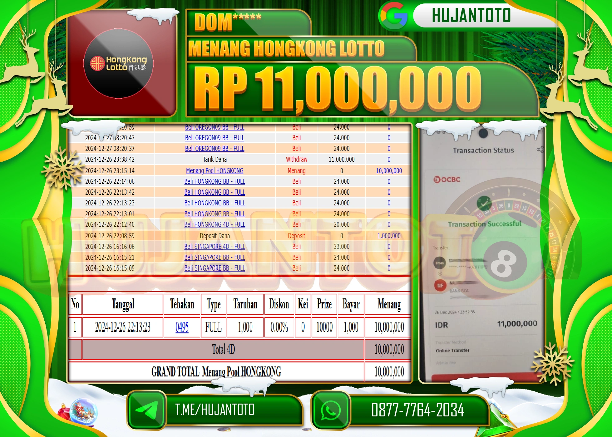 HUJANTOTO SELAMAT ATAS KEMENANGAN YANG DI RAIH DI PERMAINAN TOGEL HONGKONG LOTTO SEBESAR 11,000,000 - TERBAYAR LUNAS