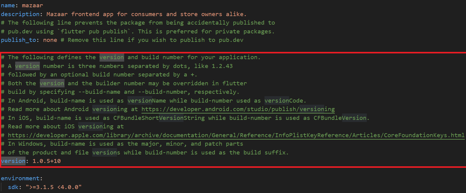Pubspec.yaml section to update