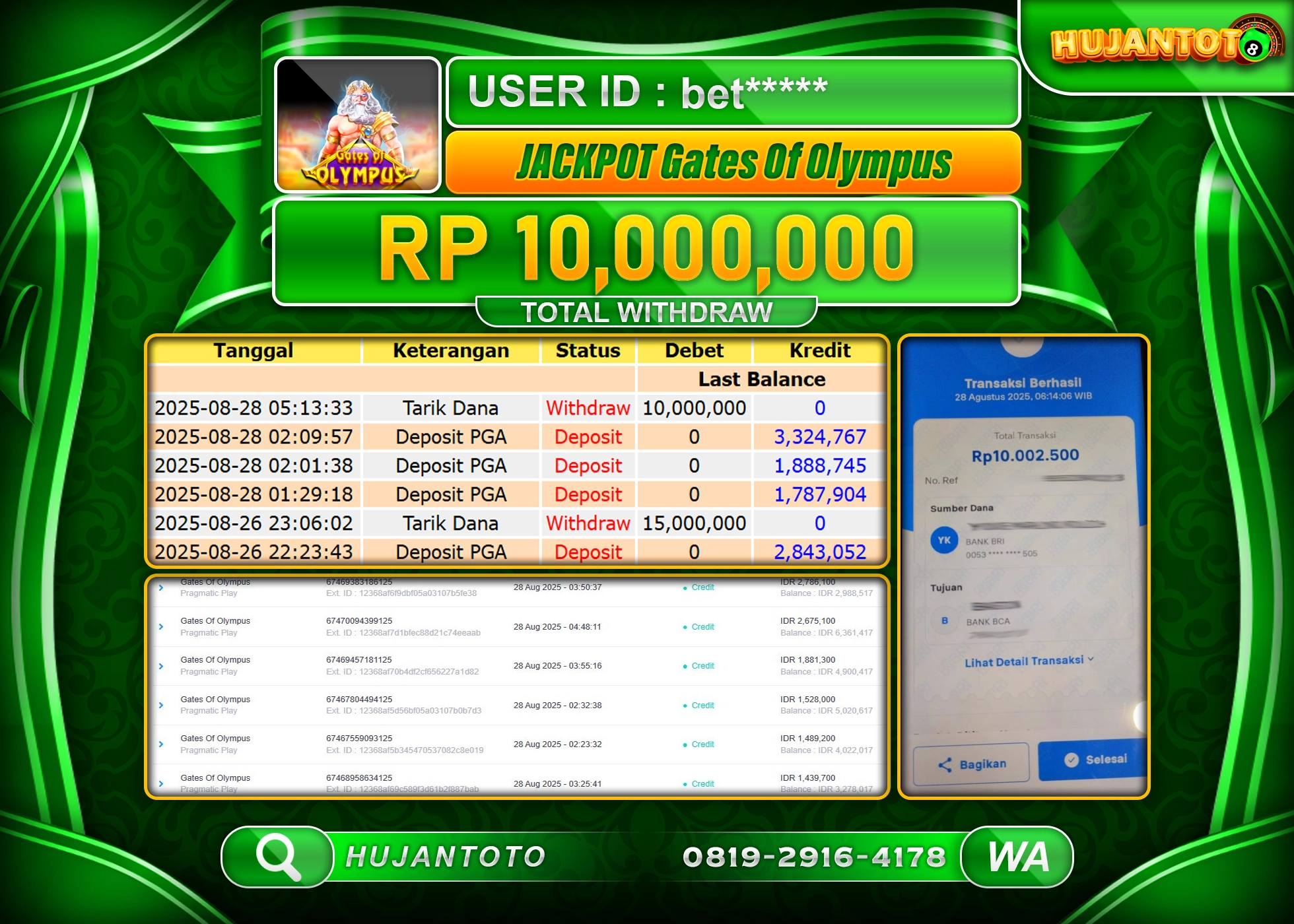 HUJANTOTO - BUKTI JACKPOT MENANG SLOT GATES OF OLYMPUS Rp.10,000,000 - TERBAYAR LUNAS