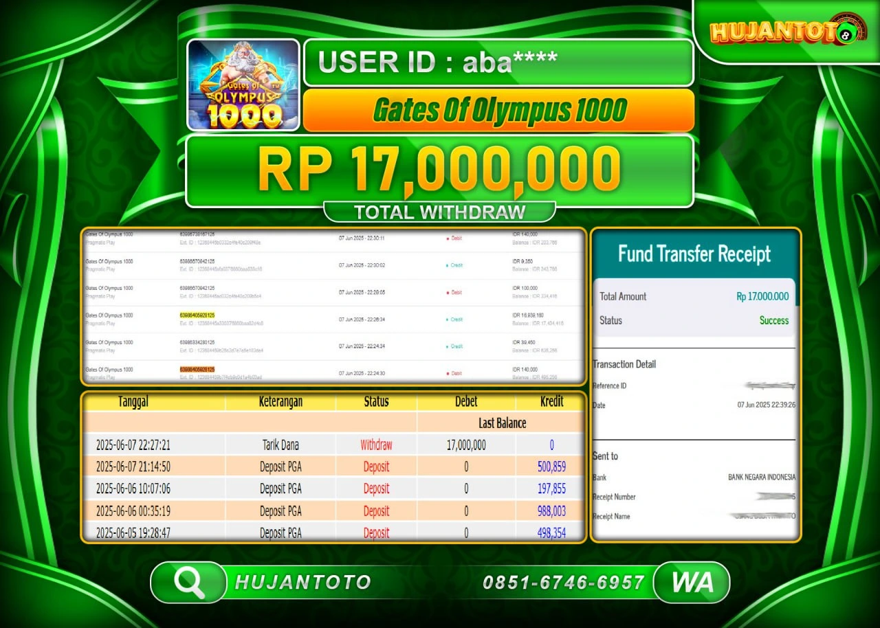 HUJANTOTO - BUKTI JACKPOT MENANG SLOT GATES OG OLYMPUS 1000 Rp.17,000,000 - TERBAYAR LUNAS