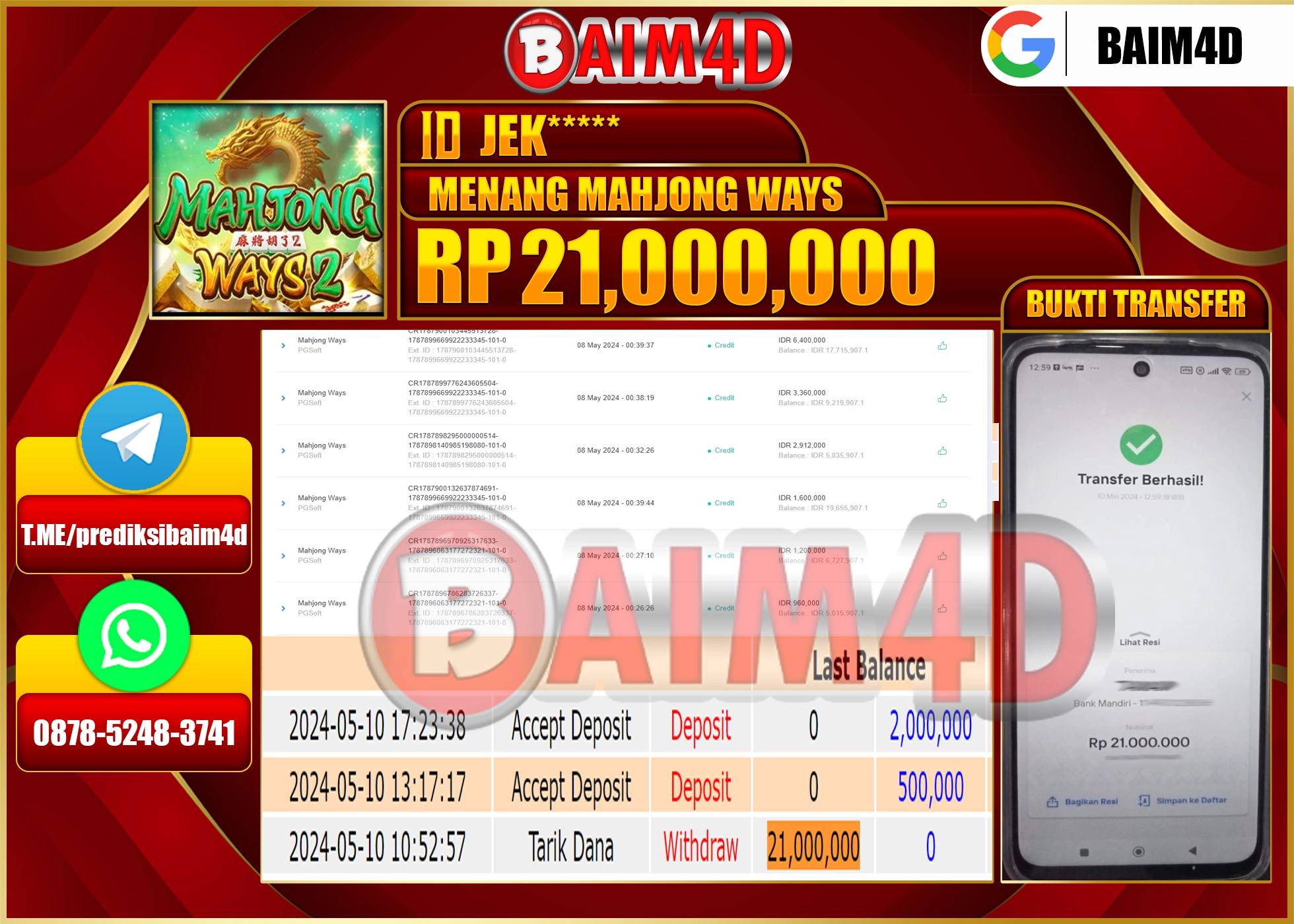 BAIM4D JACKPOT di Mahjong Ways Rp.21,000,000.,- LUNAS