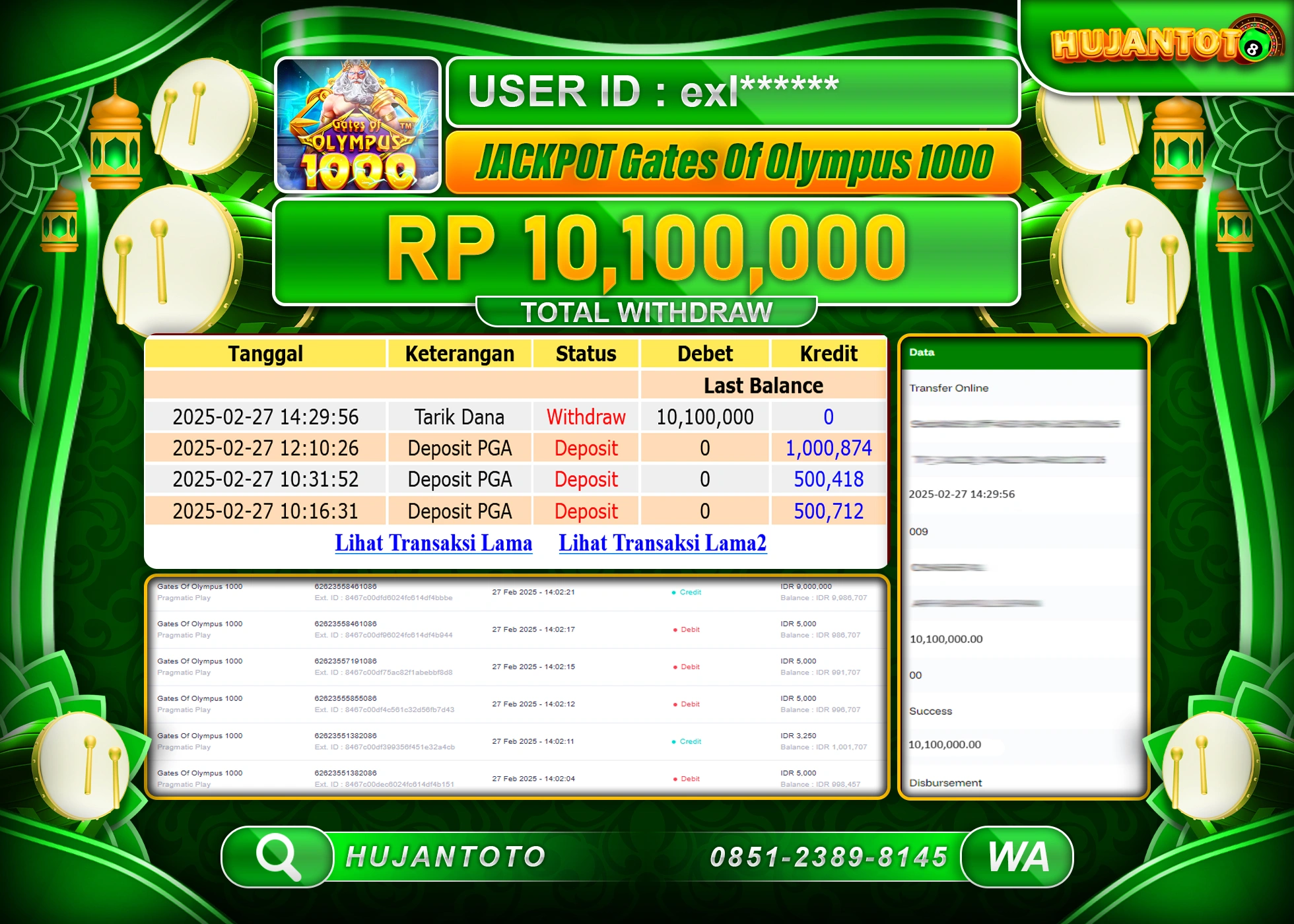 HUJANTOTO - BUKTI JACKPOT MENANG SLOT GATES OF OLYMPUS 1000 Rp,10,100,000 - TERBAYAR LUNAS