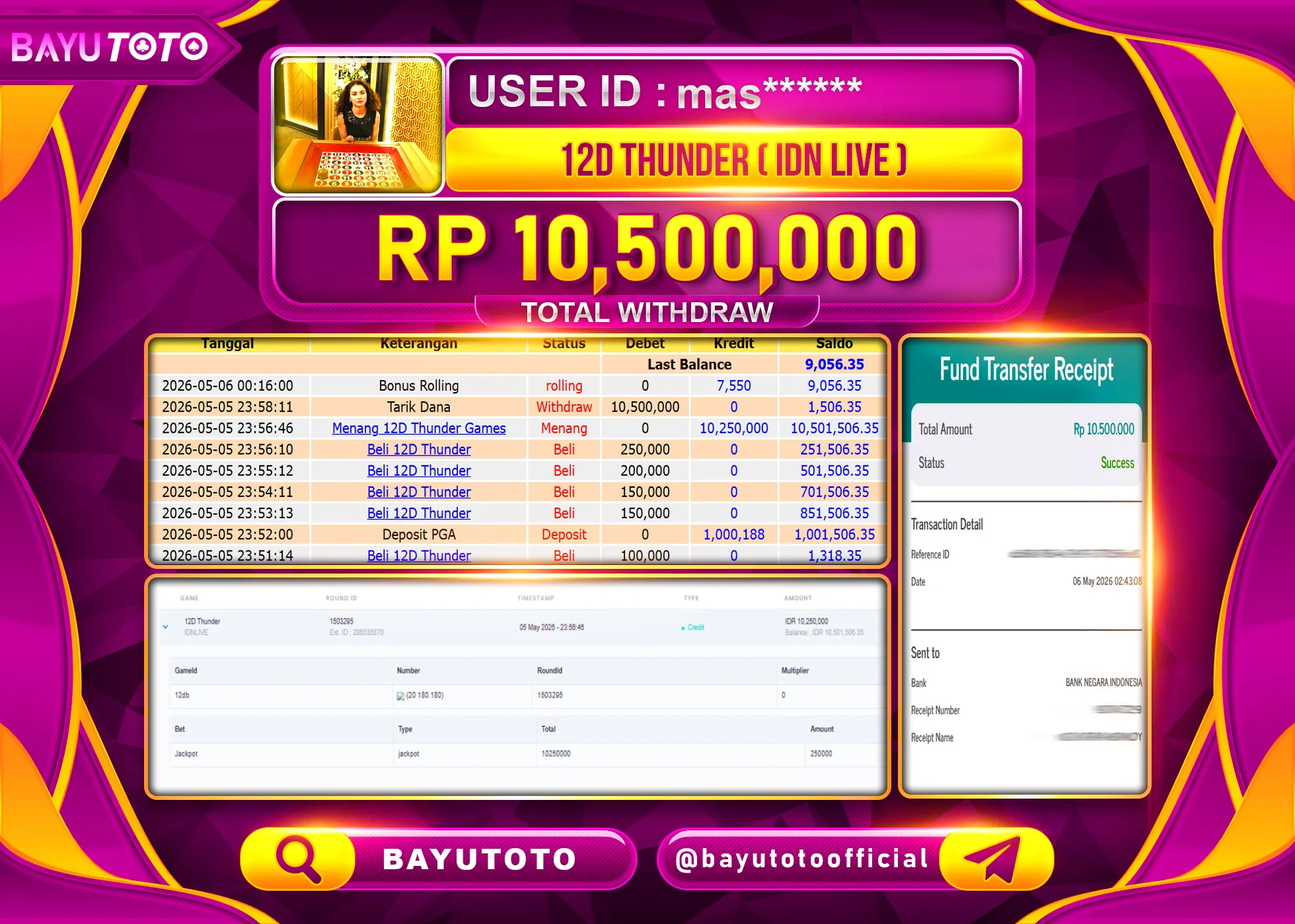 SELAMAT MEMBER SETIA BAYUTOTO JACKPOT DI LIVEGAMES 12D THUNDER Rp. 10,500,000 LUNAS