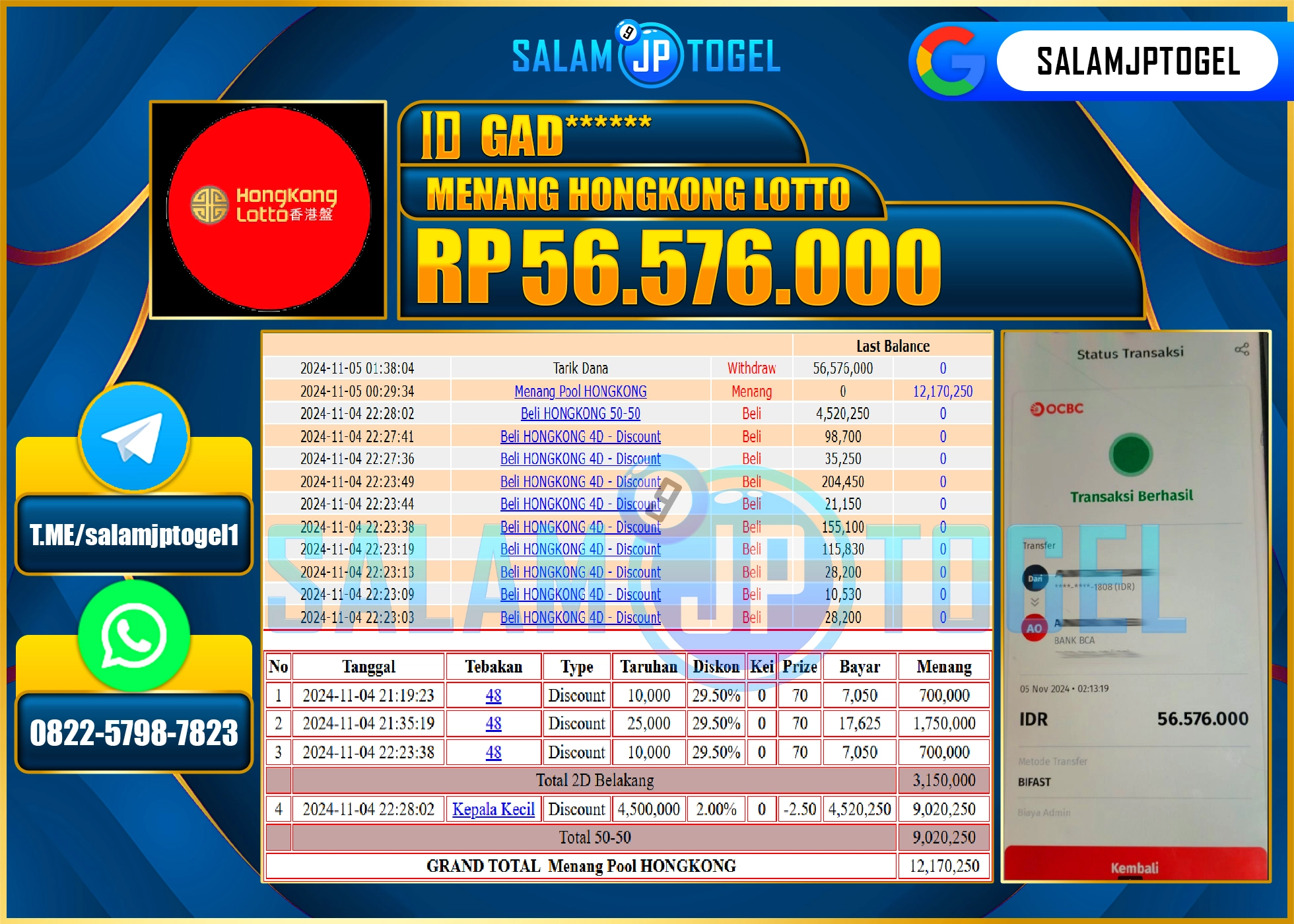 SALAMJPTOGEL MENANG HONGKONG LOTTO  RP. 56,576,000 LUNAS