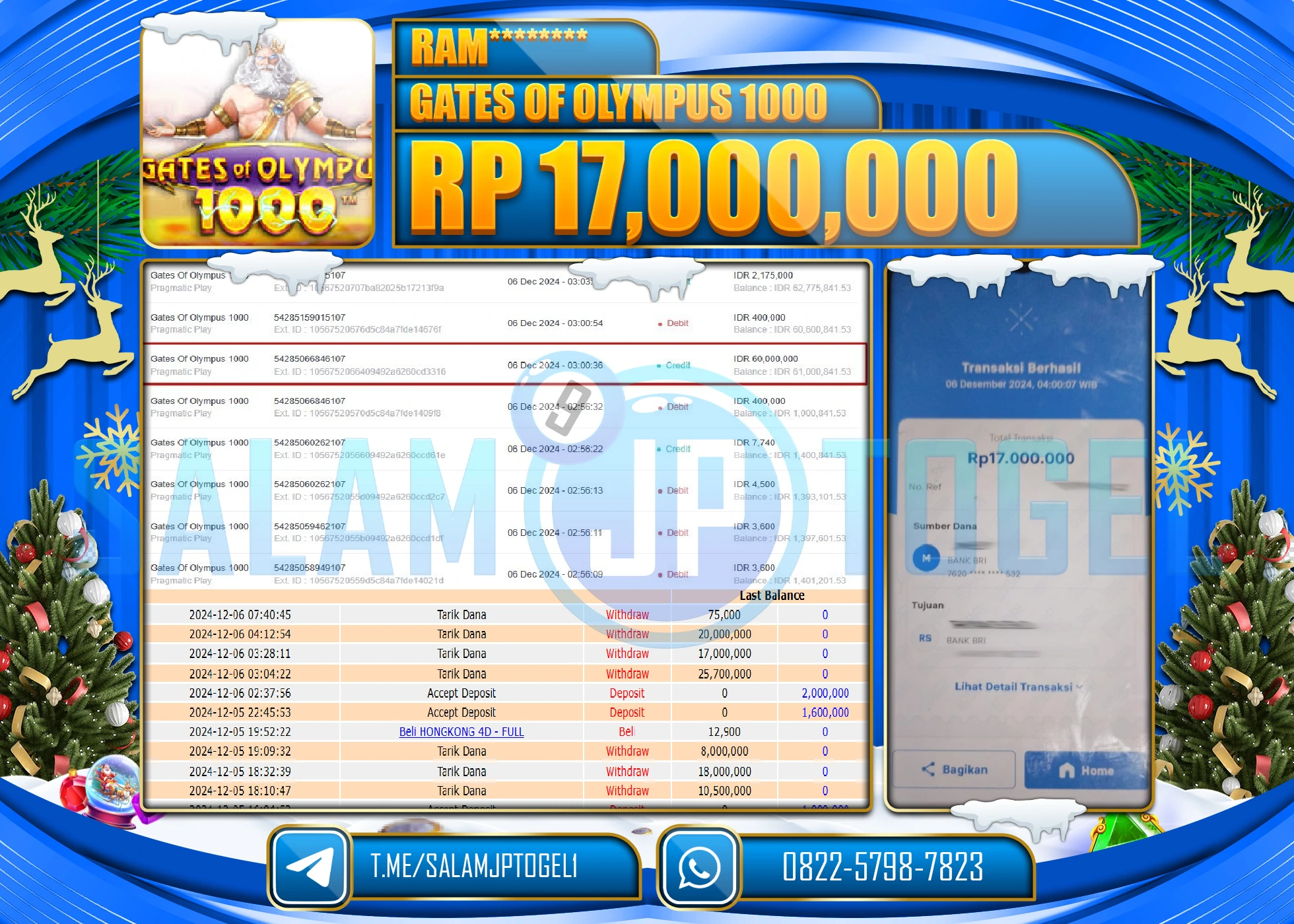 SALAMJPTOGEL MENANG SLOT GATES OF OLYMPUS 10000  RP. 17,000,0000 LUNAS