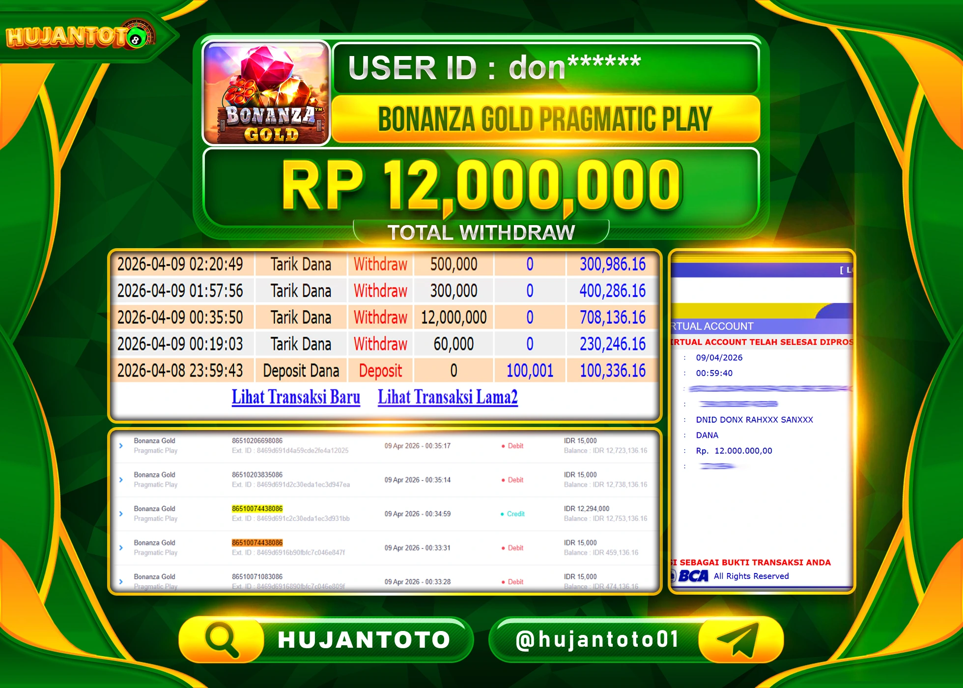HUJANTOTO - BUKTI JACKPOT MENANG JACKPOT SLOT BONANZA GOLD PRAGMATIC Rp.12,000,000 - TERBAYAR LUNAS