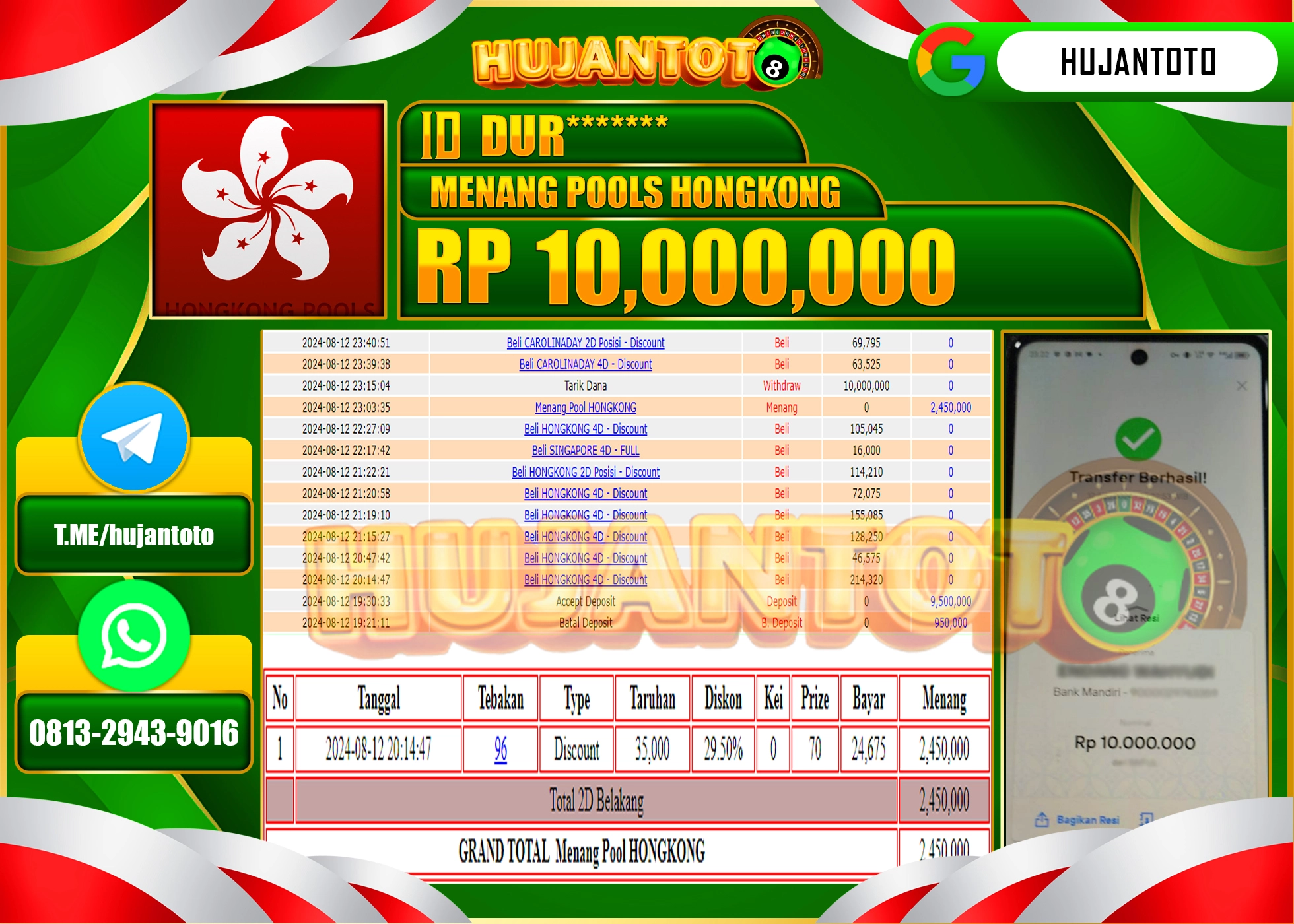 HUJANTOTO MENANG BESAR DI PERMAINAN TOGEL HONGKONG POOLS 10.000.000  - LUNAS 