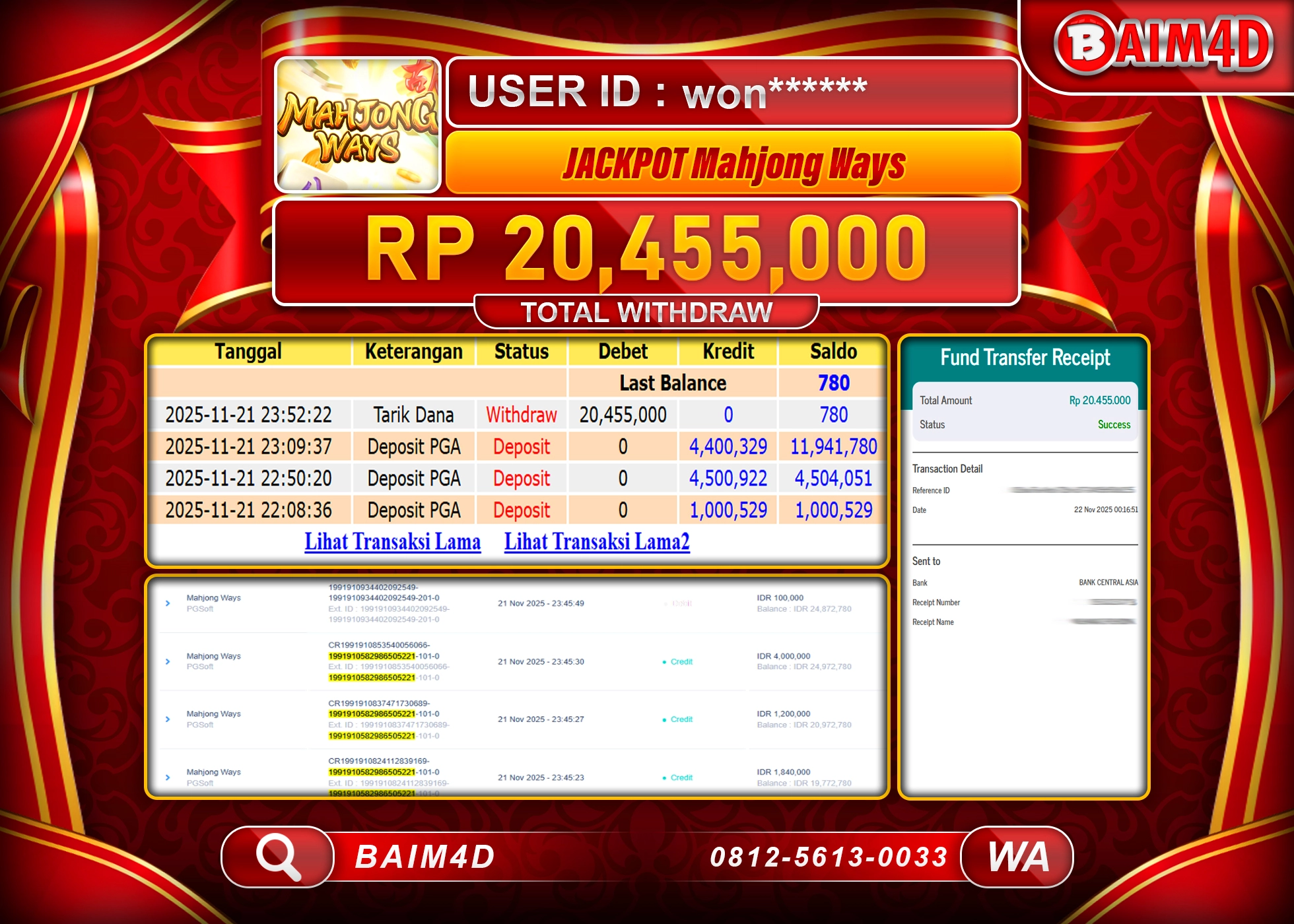 BAIM4D JACKPOT SLOT MAHJONG WAYS PG SOFT Rp.20,455,000 - LUNAS