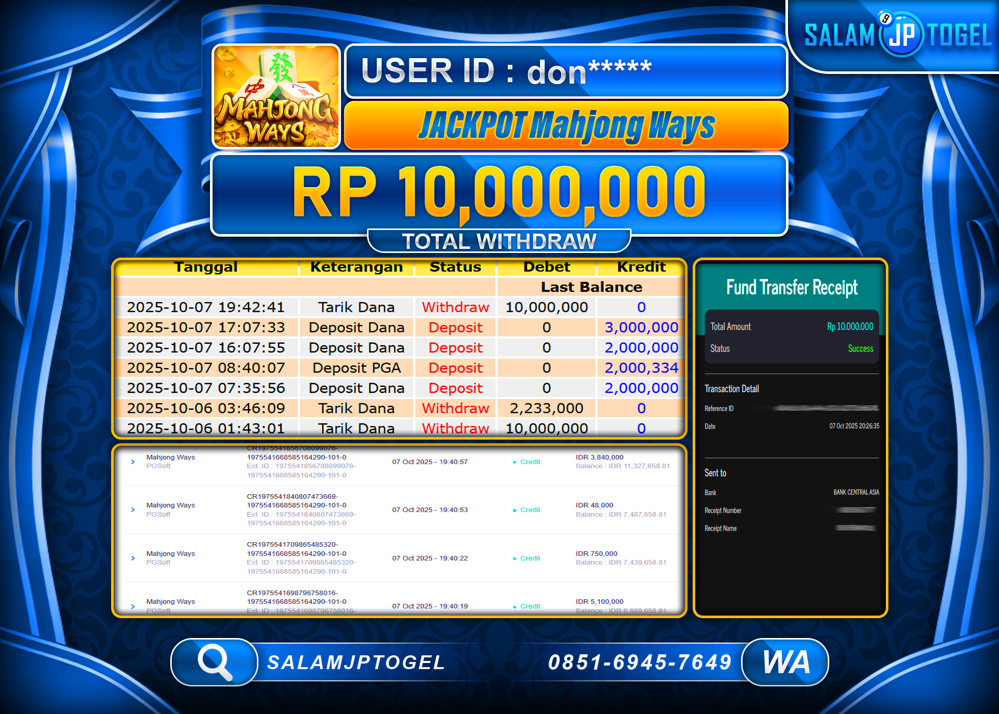 SALAMJPTOGEL MENANG MAHJONG WAYS ( PG SOFT ) RP. 10,000,000, - LUNAS