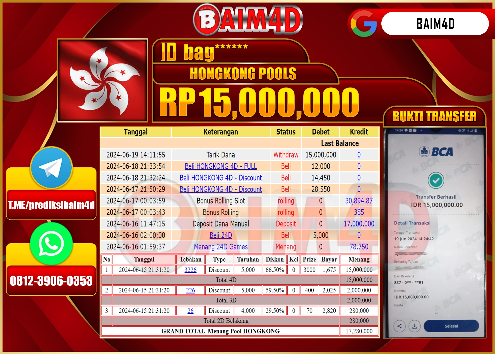BAIM4D JACKPOT HONGKONGPOOLS Rp.15,000,000.- LUNAS