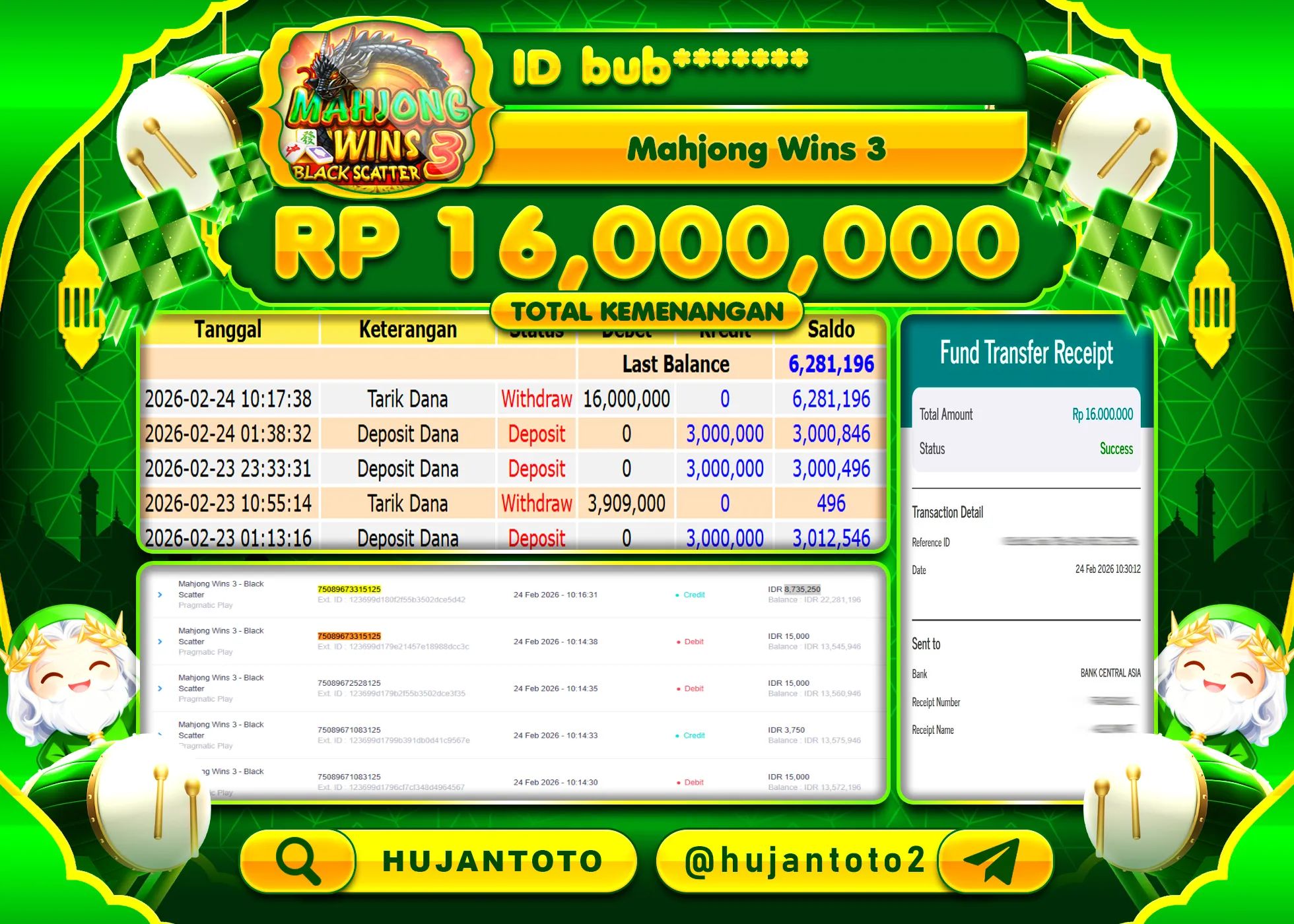 HUJANTOTO - BUKTI JACKPOT MENANG SLOT MAHJONG WINS 3 Rp.16,000,000 - TERBAYAR LUNAS