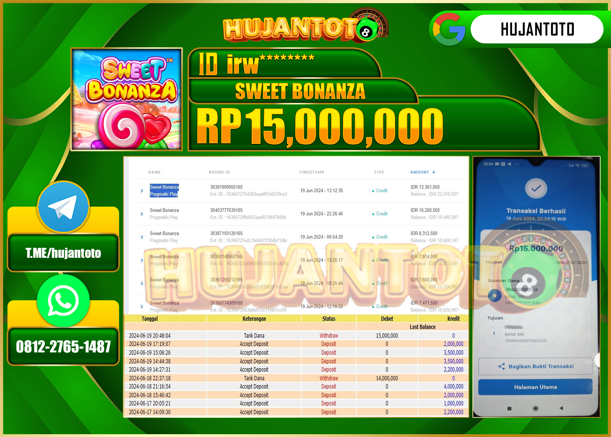 HUJANTOTO MENANG DI SWEET BONANZA 15,000,000 - LUNAS 