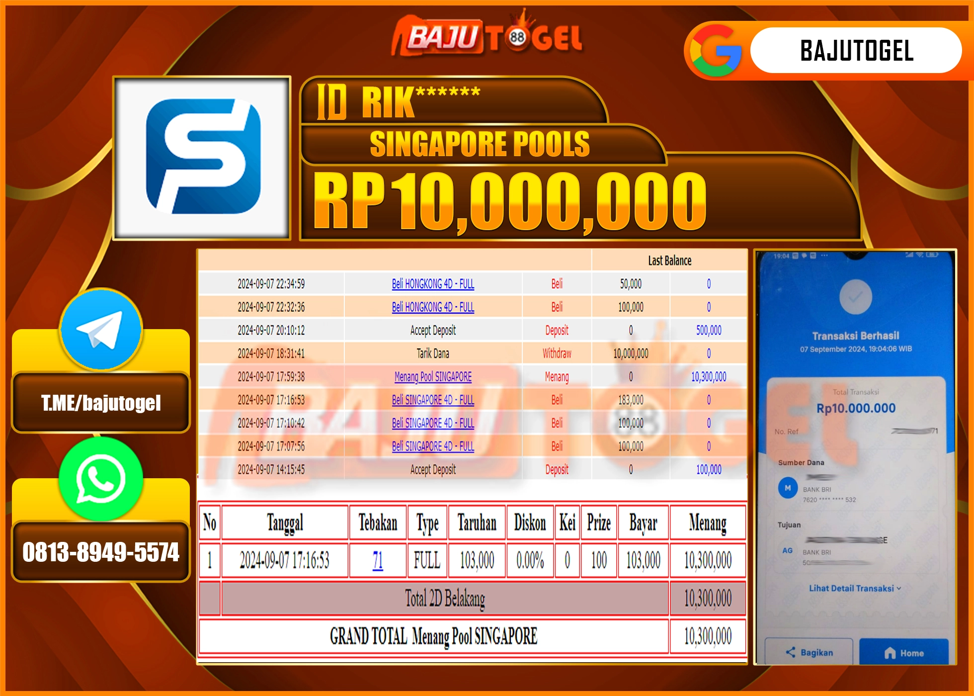  BAJUTOGEL KEMENANGAN PASARAN SINGAPORE  Rp.10.000.000 LUNAS