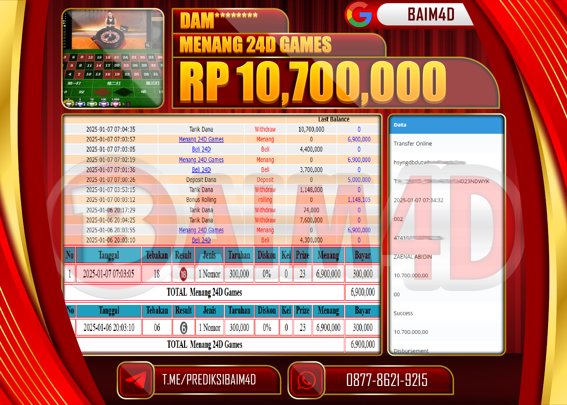 BAIM4D JACKPOT Menang 24D Games 1000 Rp.10,700,000.- LUNAS