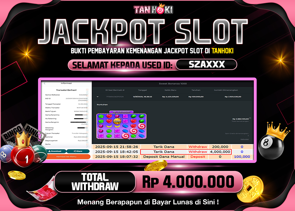 TANHOKI JACKPOT SLOT SWEET BONANZA 1000 Rp.4.000.000,- LUNAS