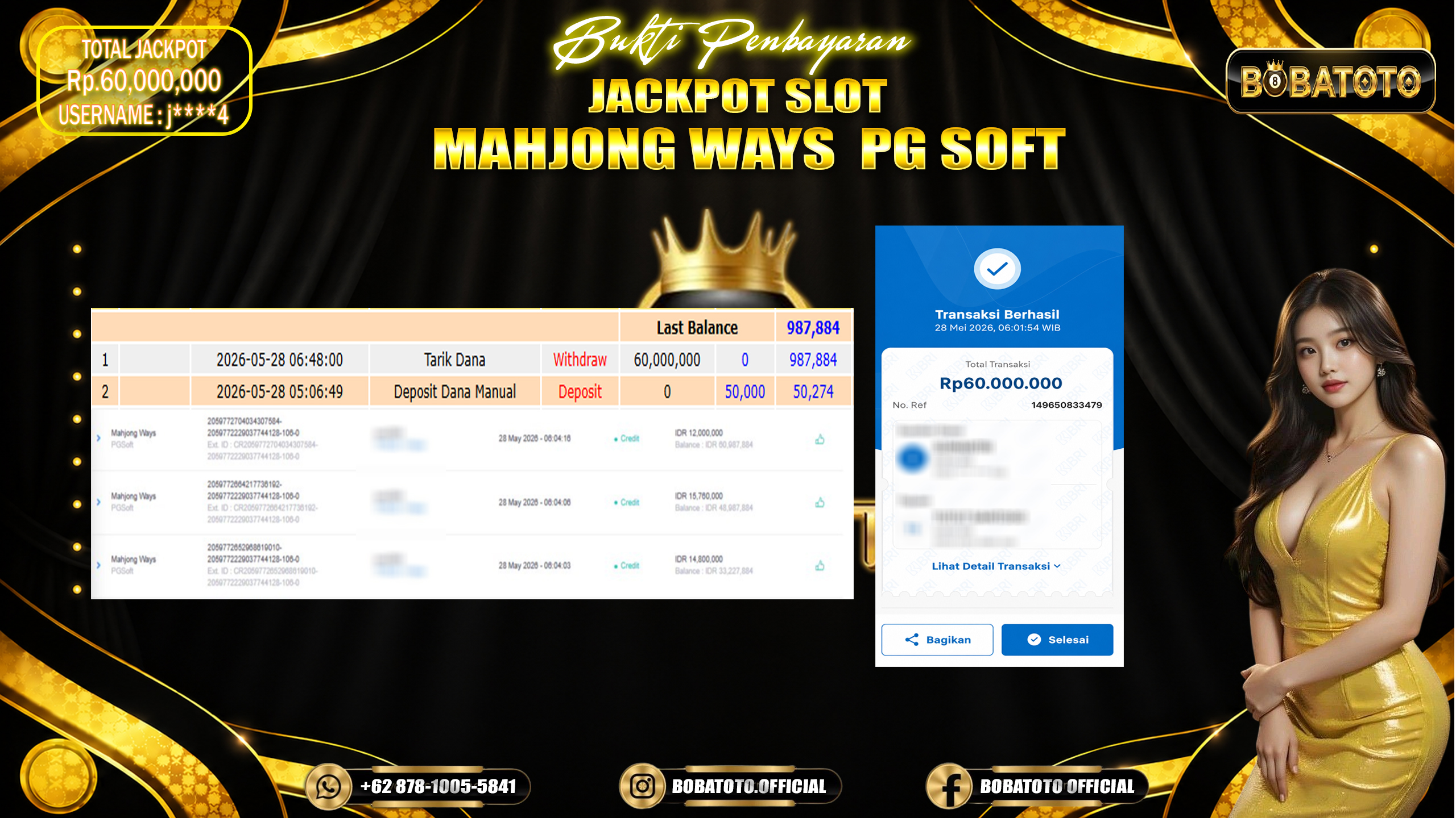 BOBATOTO JACKPOT SLOT PG SOFT MAHJONG WAYS Rp.60,000,000,- LUNAS!!! 