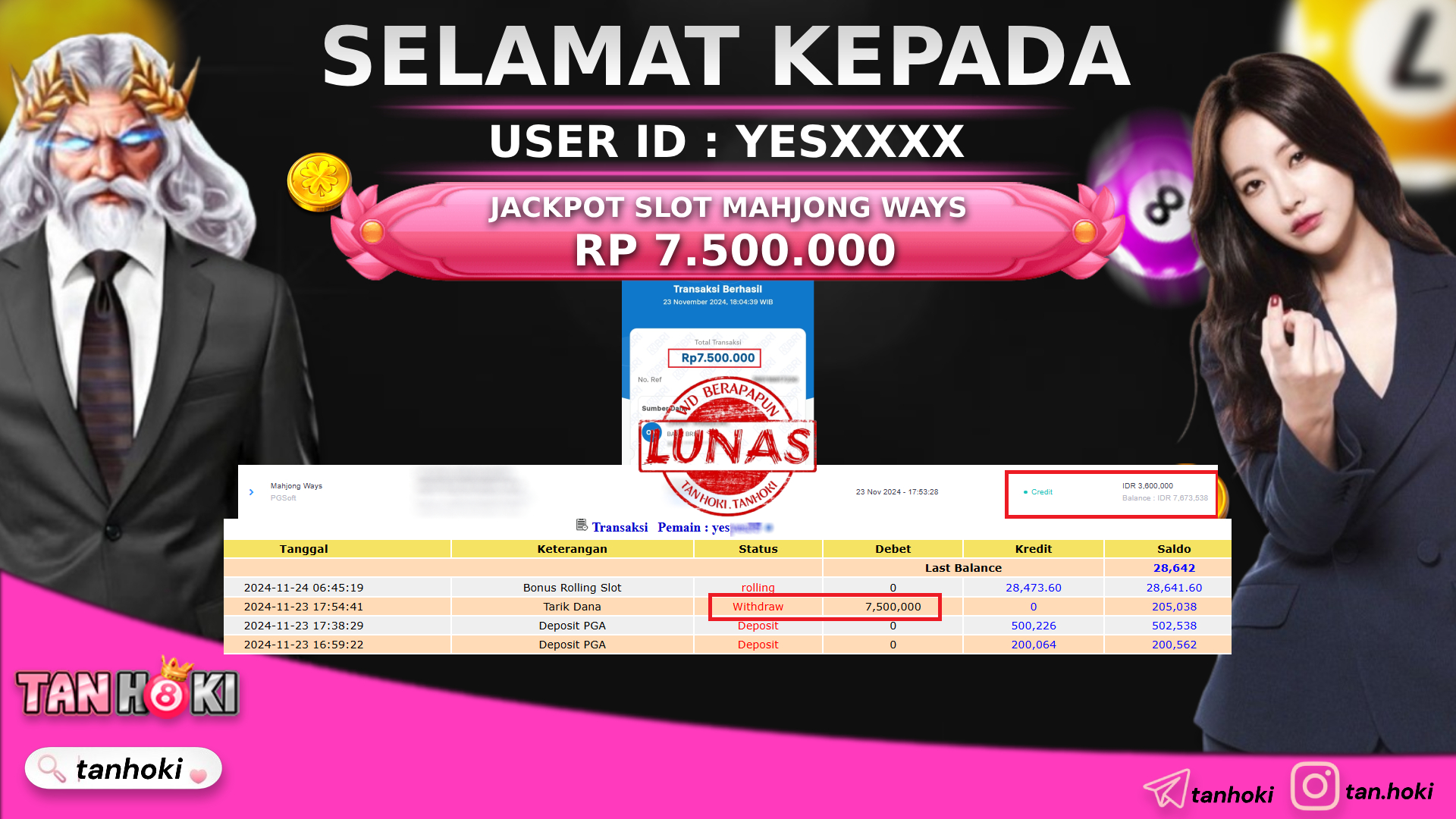 TANHOKI JACKPOT SLOT MAHJONG WAYS Rp.7.500.000,- LUNAS