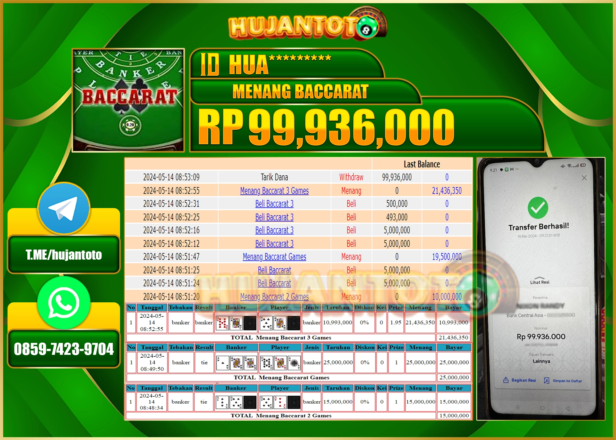 HUJANTOTO MENANG BACCARAT GAMES 99,936,000 - LUNAS