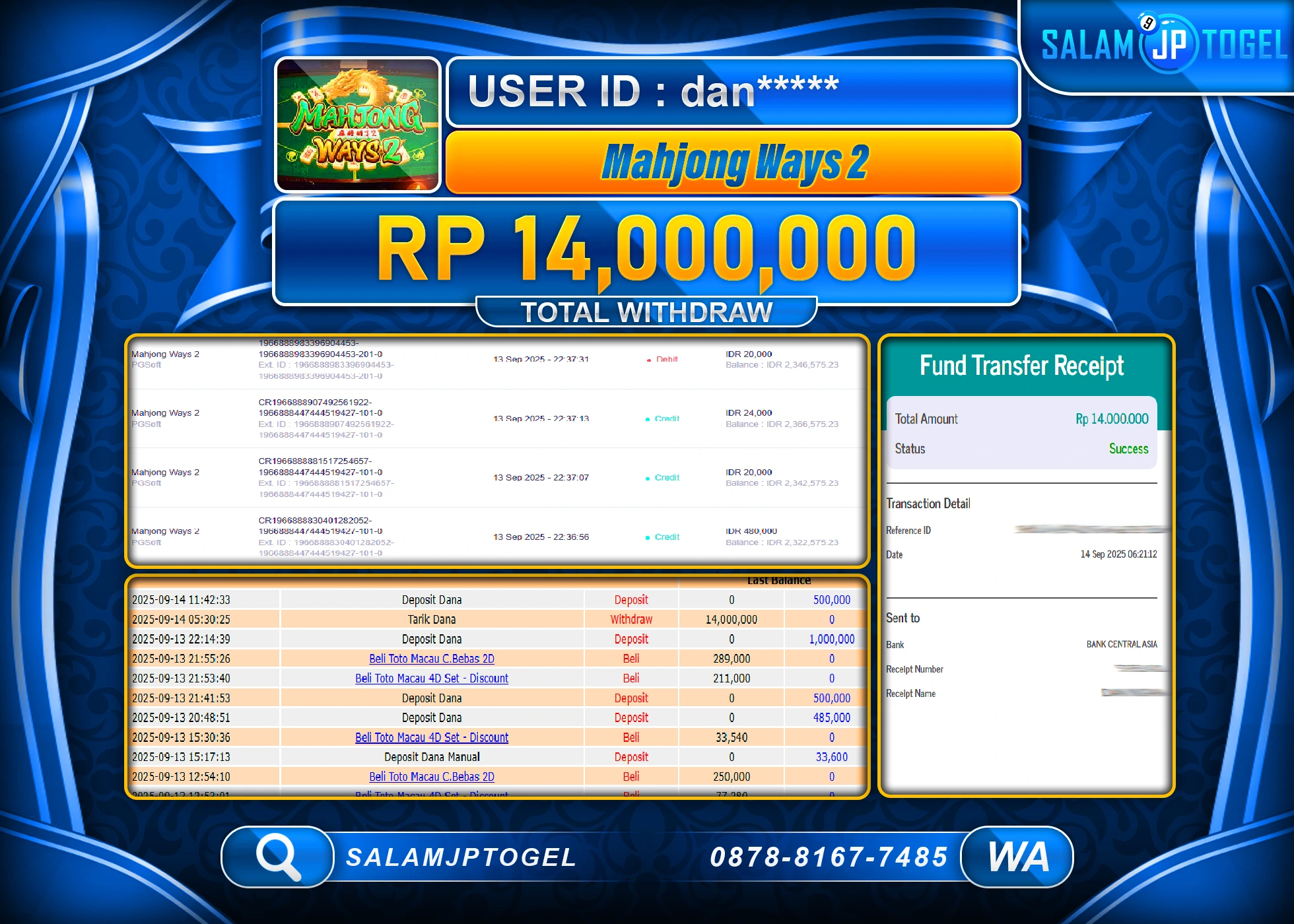 SALAMJPTOGEL MENANG MAHJONG WAYS 2 PGSOFT  Rp.14,000,000
