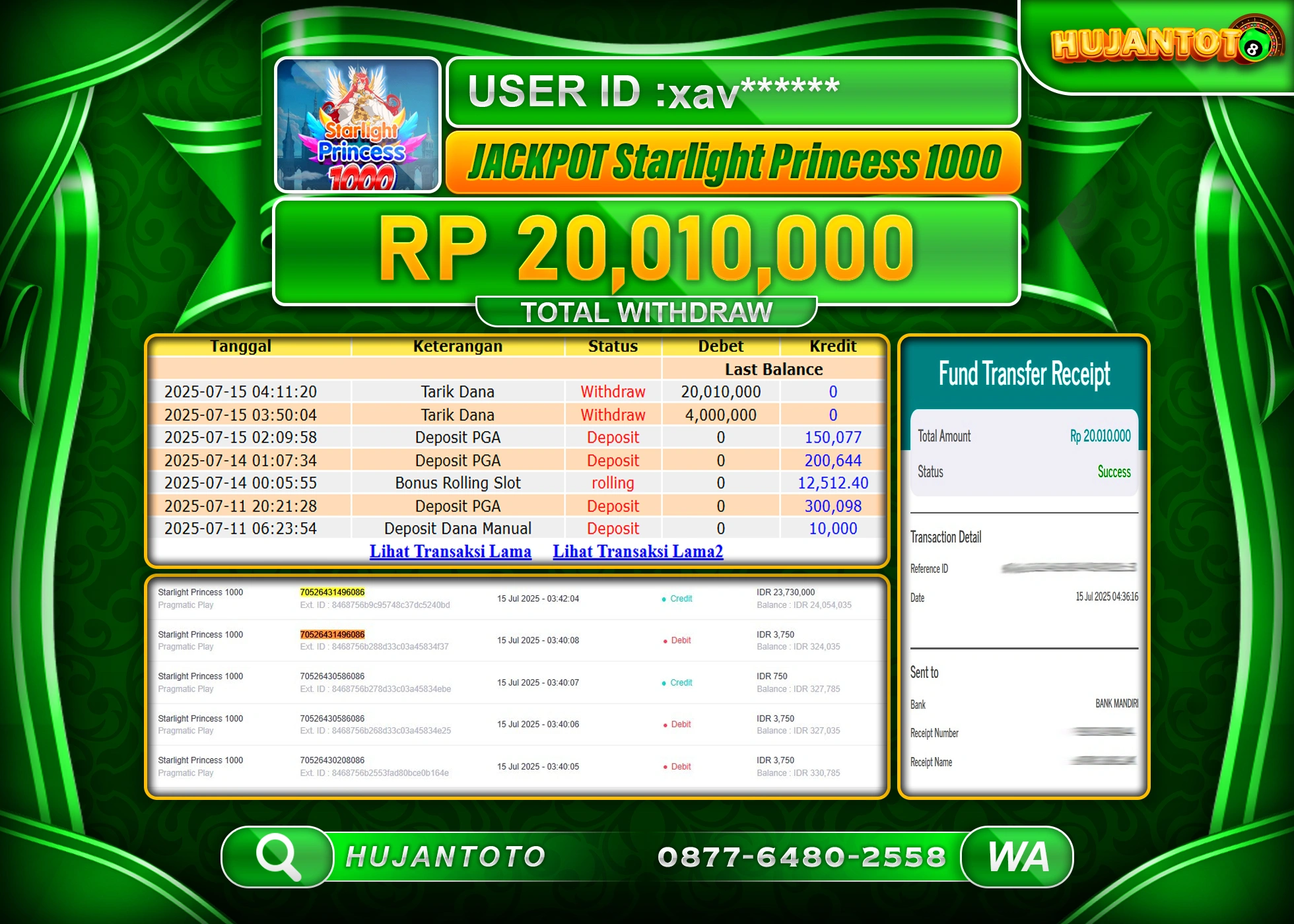 HUJANTOTO - BUKTI JACKPOT MENANG SLOT STARLIGHT PRINCESS 1000  Rp.20,010,000 - TERBAYAR LUNAS