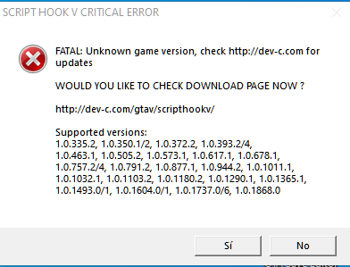 Script Hook V Critical Error Unmatched Game Version Please