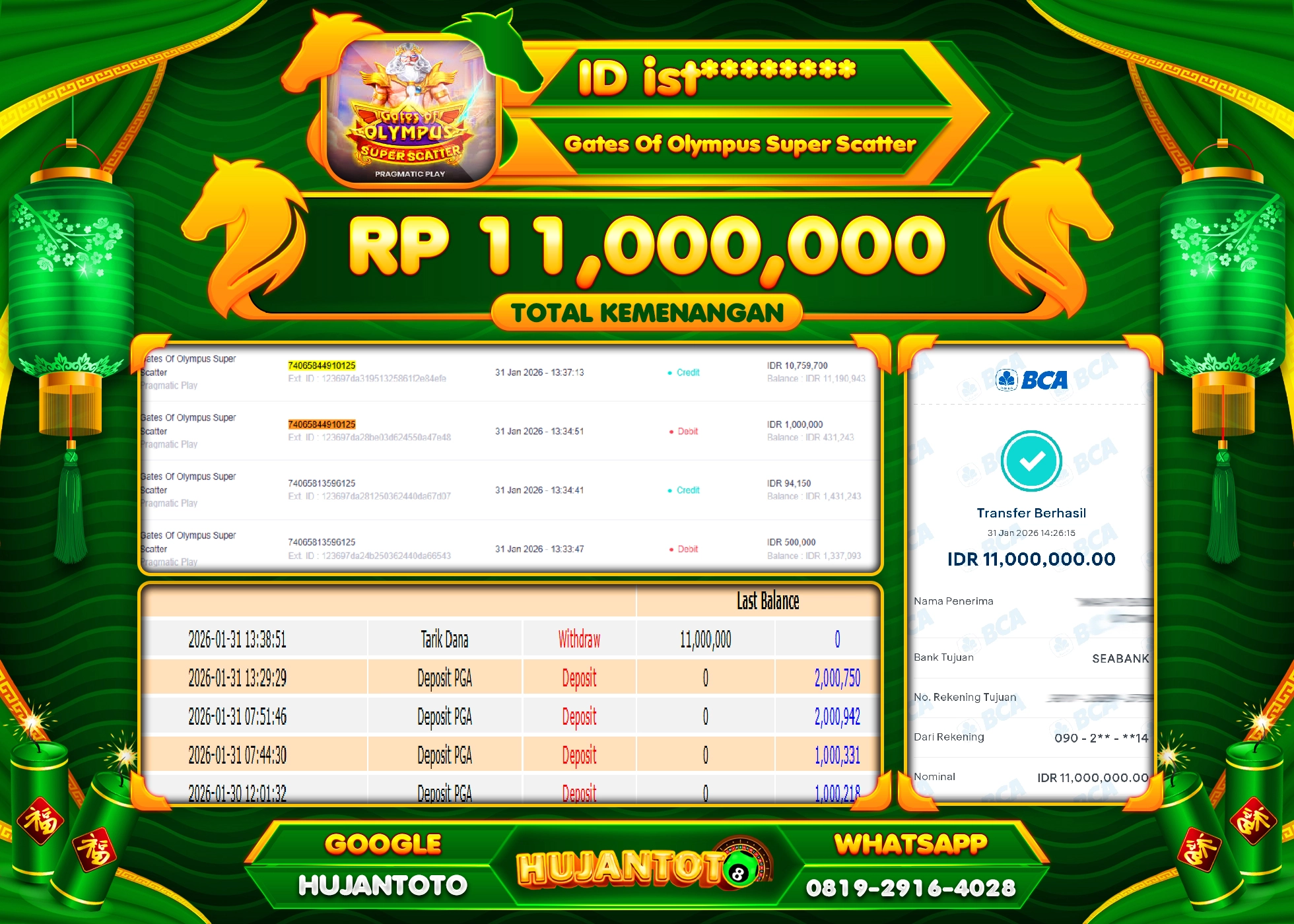 HUJANTOTO - BUKTI JACKPOT MENANG SLOT GATES OF OLYMPUS SUPER SCATTER Rp.11,000,000 - TERBAYAR LUNAS