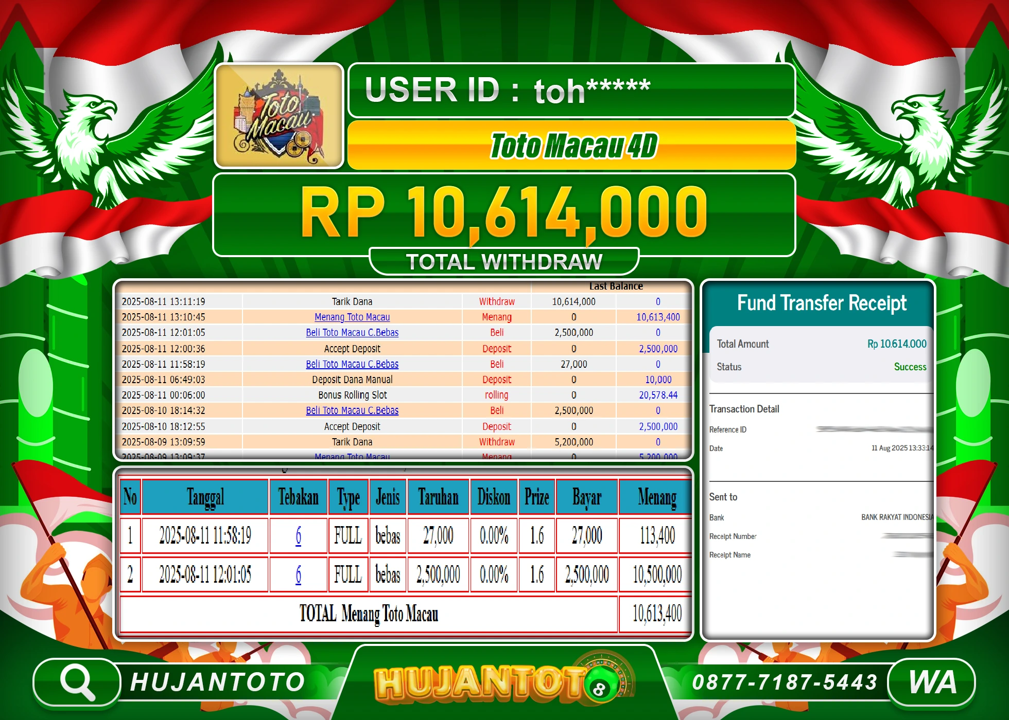 HUJANTOTO - BUKTI JACKPOT MENANG TOGEL TOTO MACAU 4D Rp.10,614,000 - TERBAYAR LUNAS