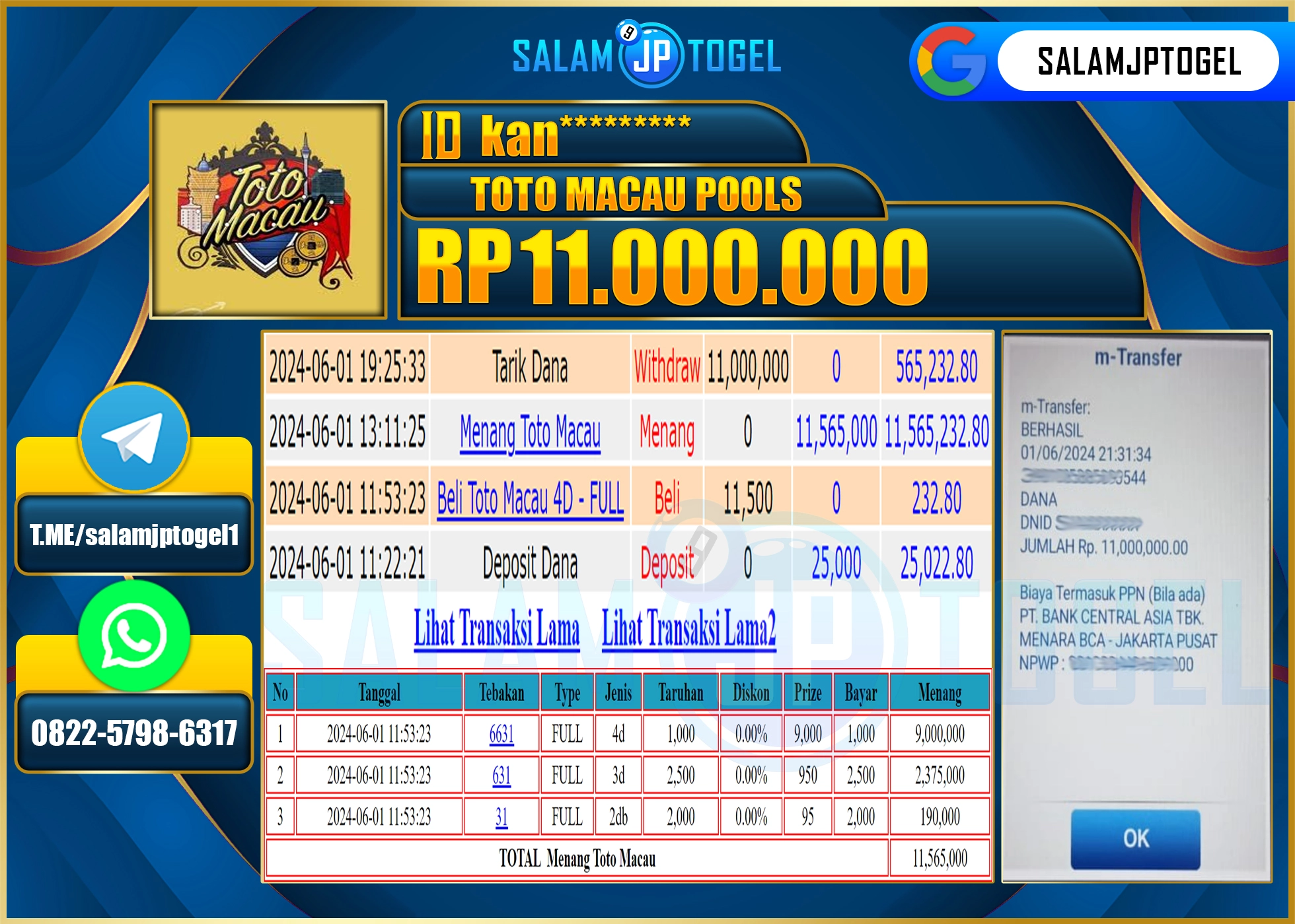SALAMJPTOGEL MENANG TOTO MACAU RP. 11,000,000.,LUNAS